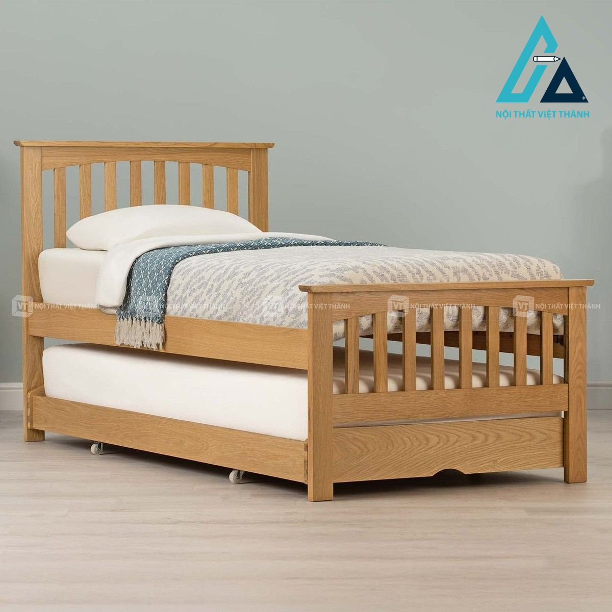 Giường ngủ gỗ sồi tự nhiên tích hợp giường phụ tiện lợi