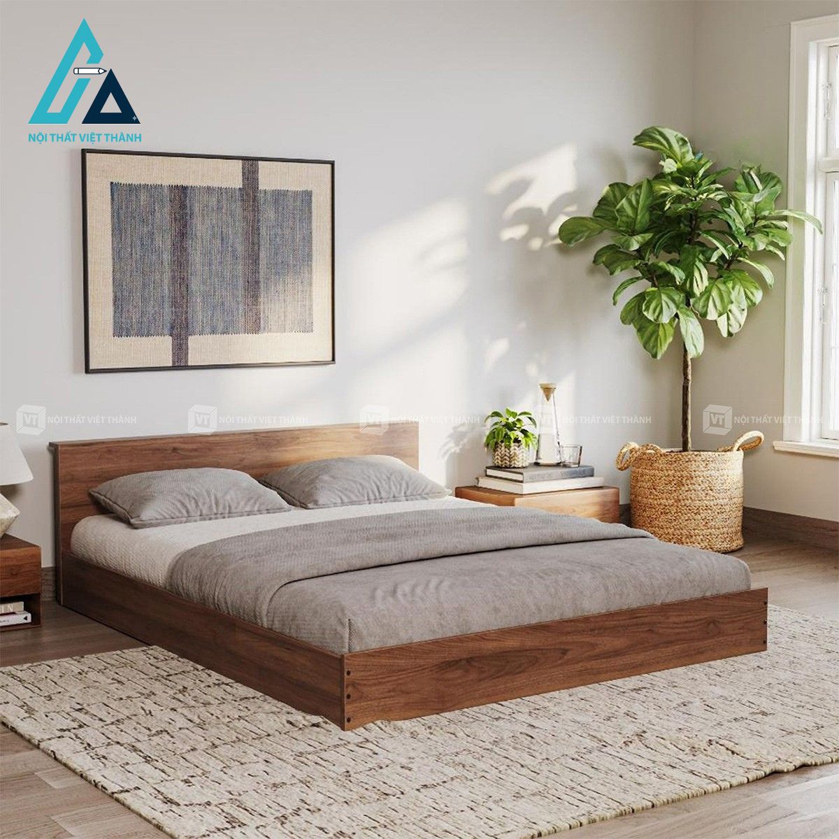Giường ngủ MDF bệt sát sàn vân gỗ hiện đại cho phòng ngủ