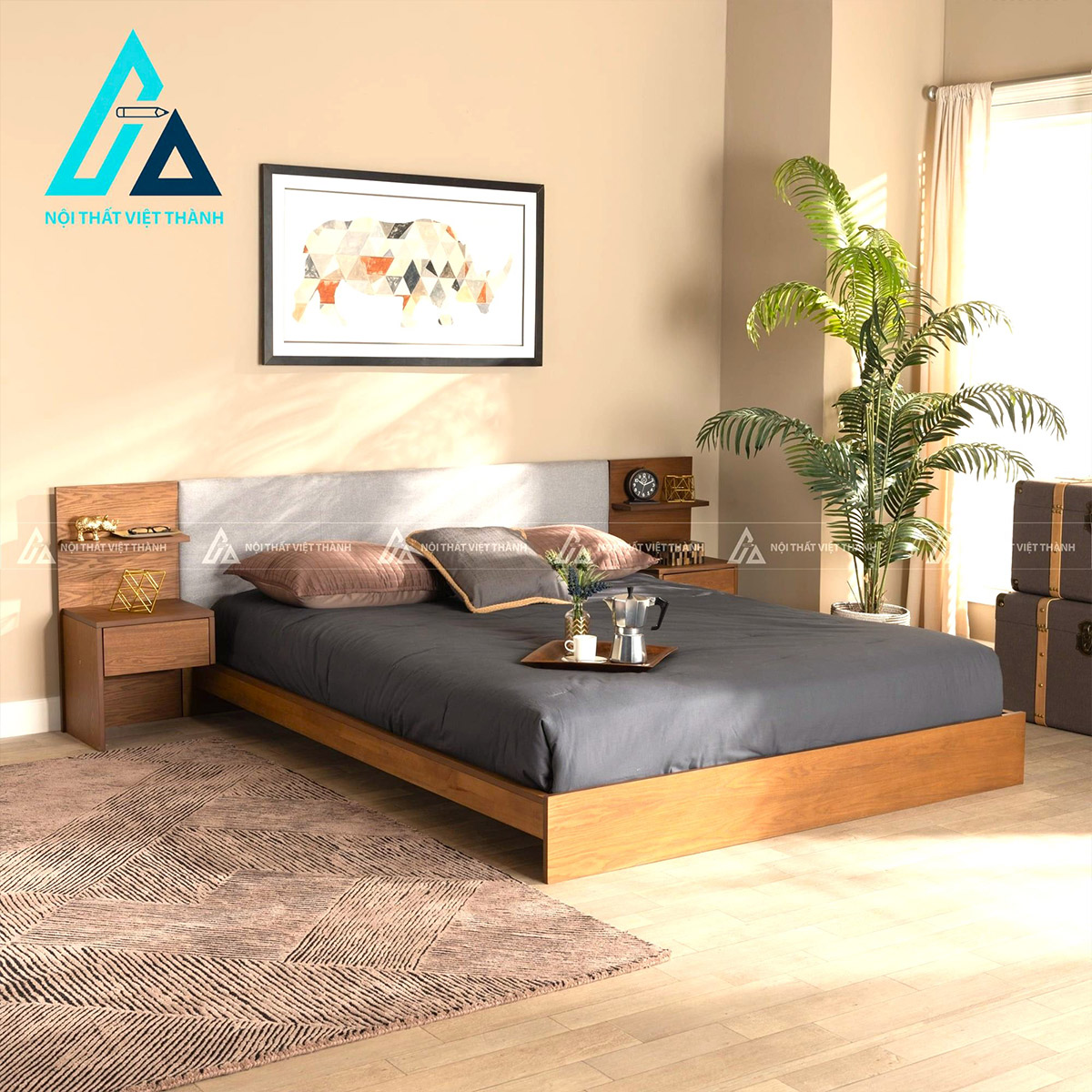 Giường ngủ MDF bọc nệm đầu giường tích hợp ngăn kéo tiện nghi hiện đại