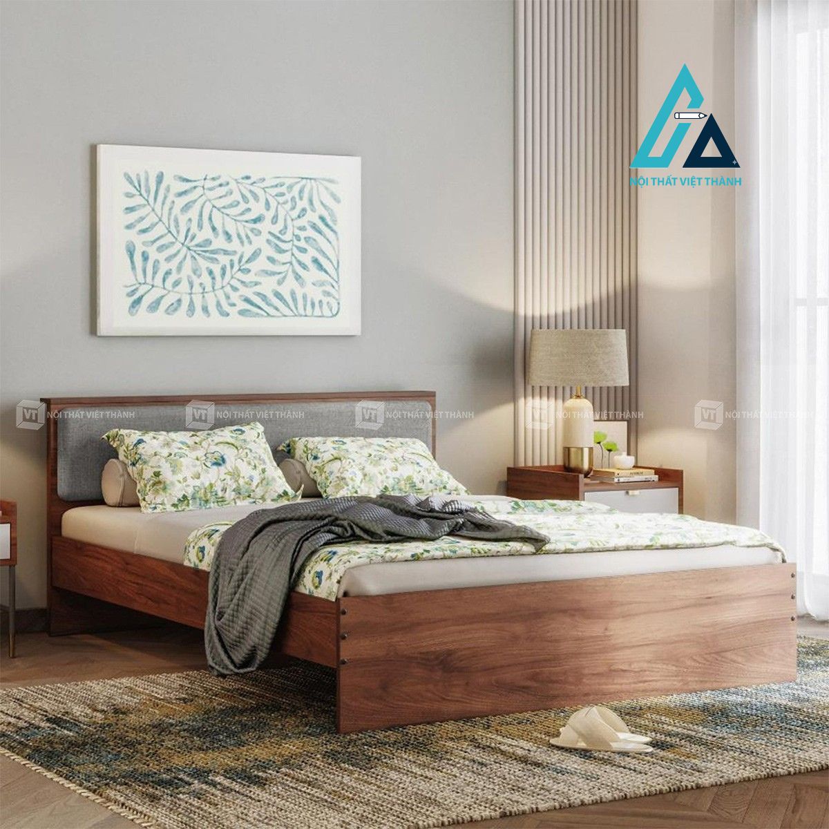 Giường ngủ MDF bọc nệm đầu giường vân gỗ hiện đại