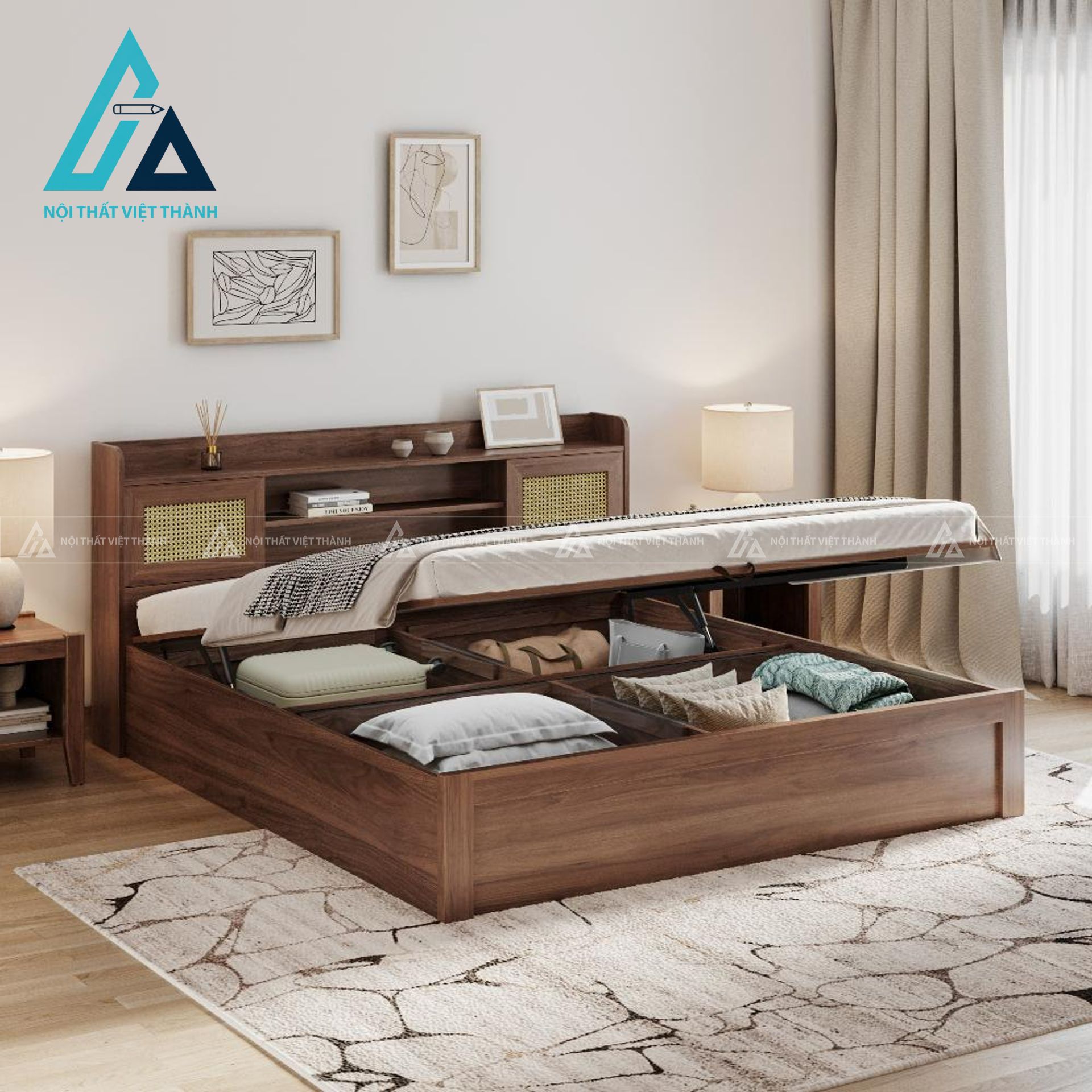 Giường ngủ MDF cao cấp có ngăn chứa cơ nâng thiết kế hiện đại sang trọng