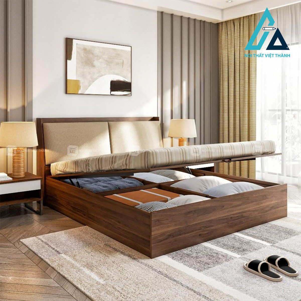 Giường ngủ MDF có hộc lưu trữ vân gỗ hiện đại tiết kiệm không gian