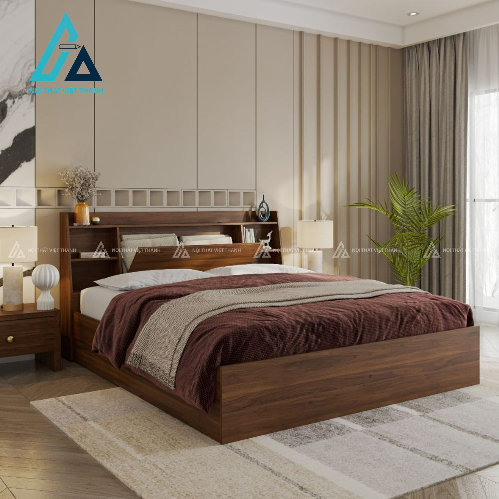 Giường ngủ MDF có ngăn kéo chứa đồ thiết kế hiện đại vân gỗ tiện nghi