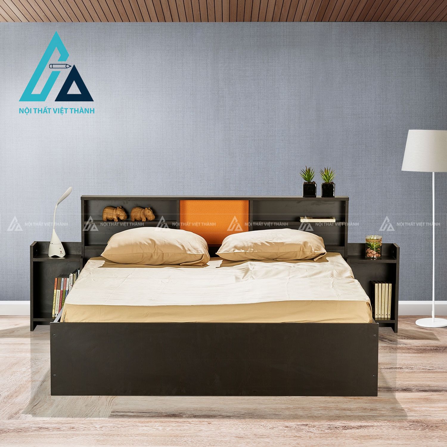 Giường ngủ MDF hiện đại đầu giường kệ mở đa năng tối ưu không gian