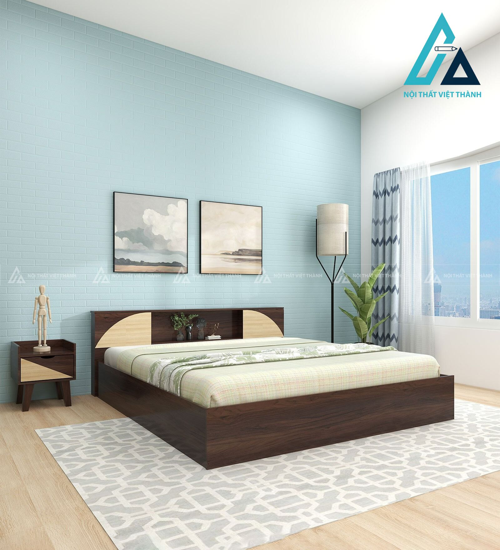 Giường ngủ MDF màu óc chó hiện đại tích hợp hộc chứa tiện lợi