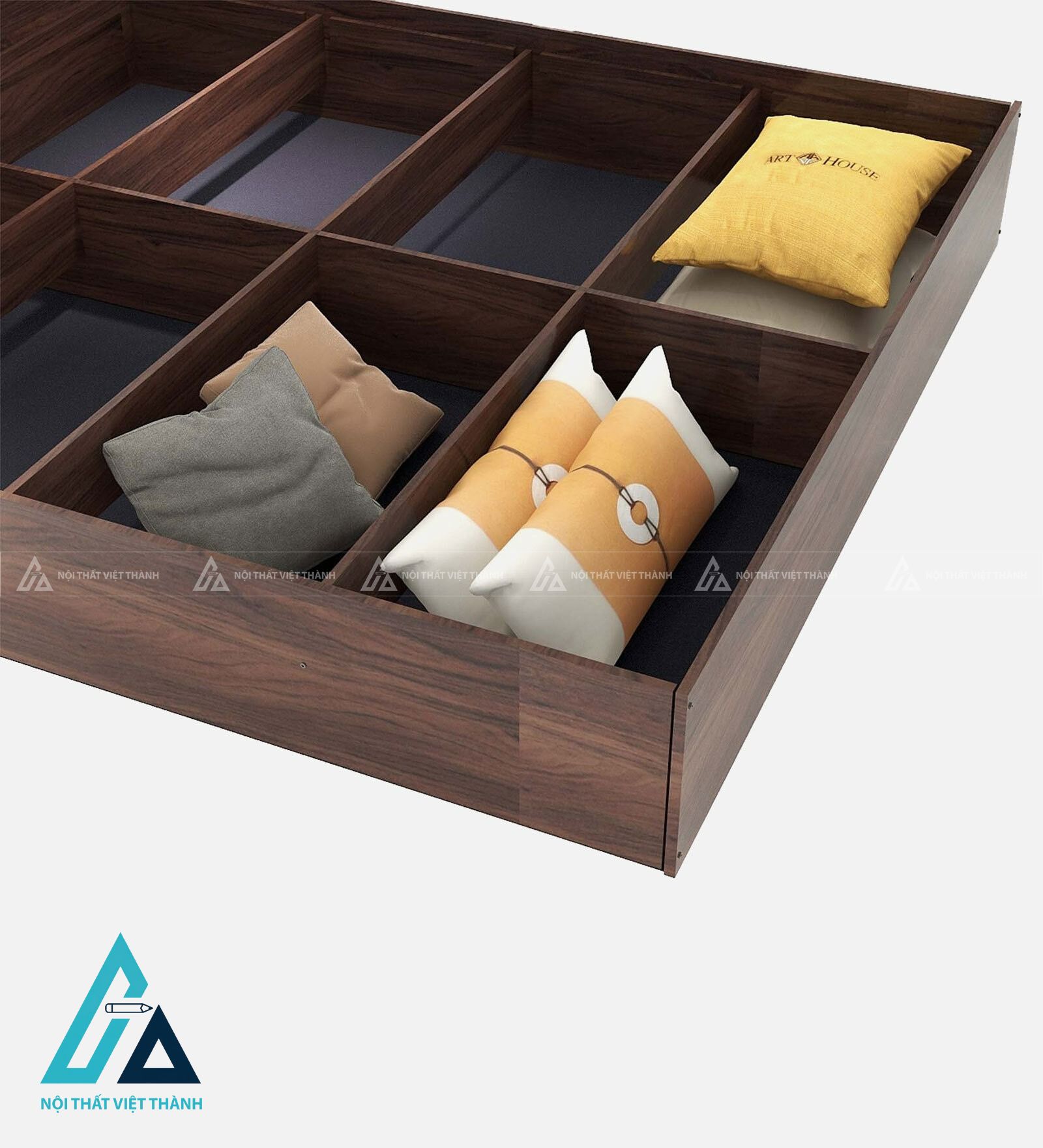 Giường ngủ MDF màu óc chó hiện đại tích hợp hộc chứa tiện lợi 1