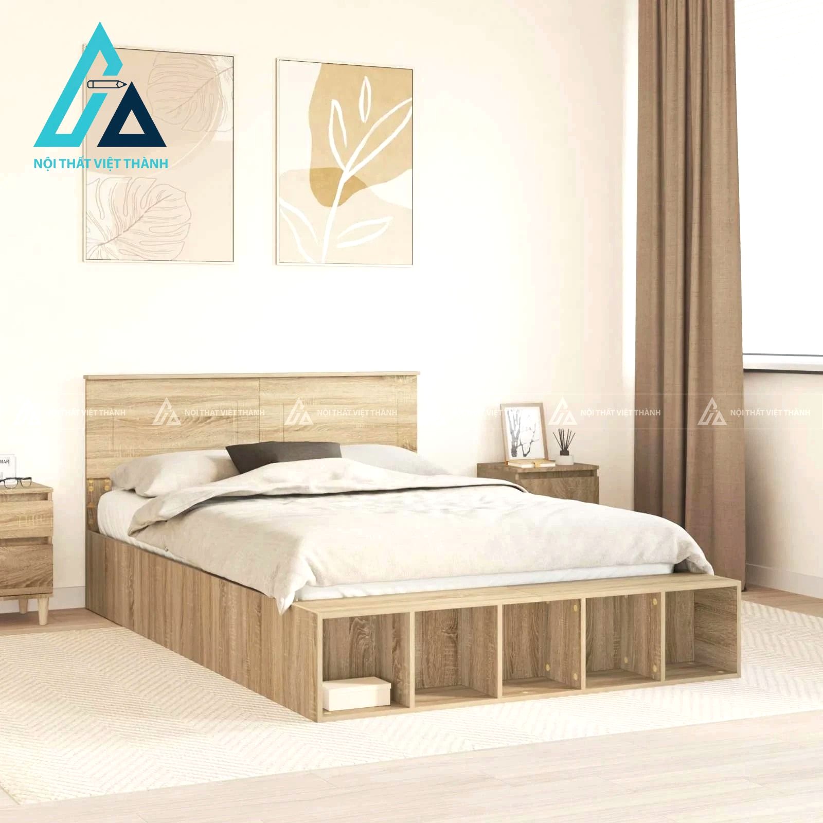 Giường ngủ MDF màu sồi có kệ mở đuôi giường tiện ích phong cách hiện đại