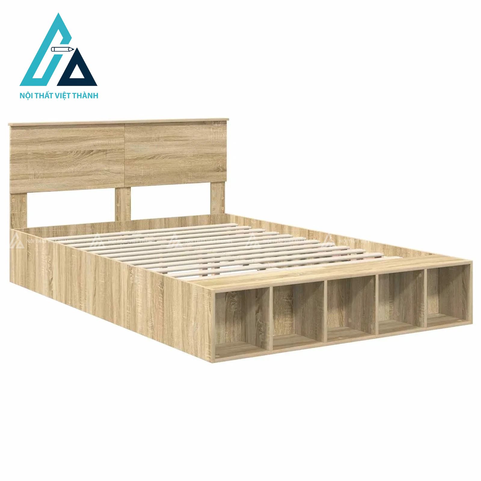 Giường ngủ MDF màu sồi có kệ mở đuôi giường tiện ích phong cách hiện đại 1