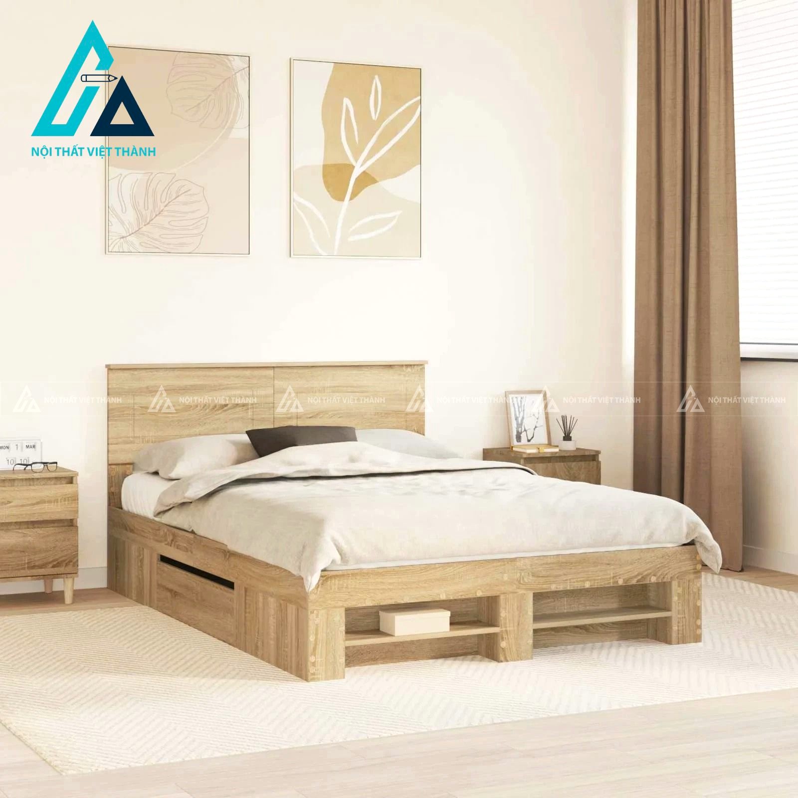 Giường ngủ MDF màu sồi có ngăn kéo lưu trữ tiện ích hiện đại