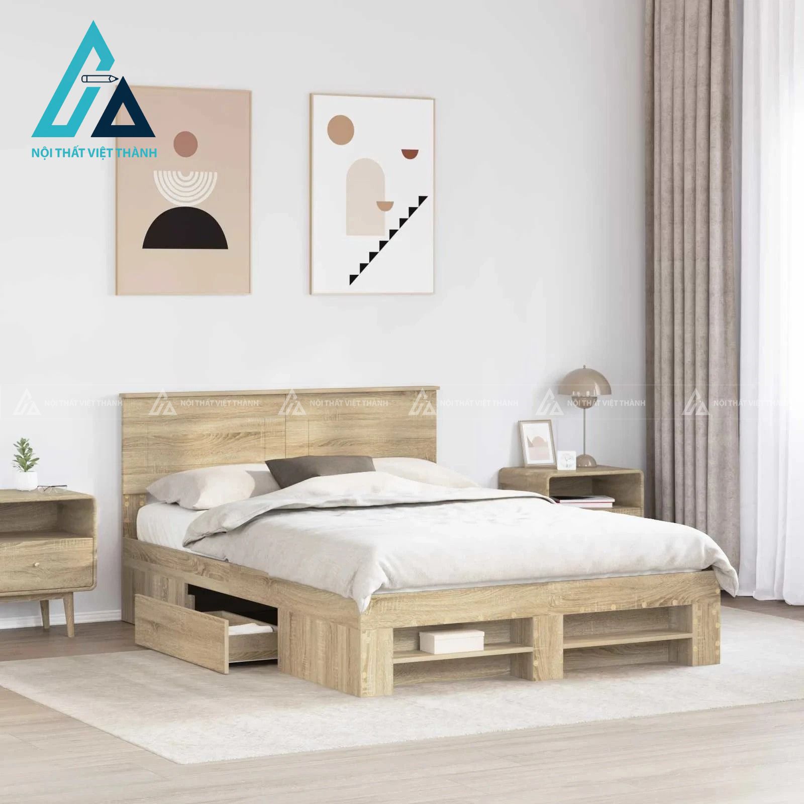 Giường ngủ MDF màu sồi có ngăn kéo lưu trữ tiện ích hiện đại 2