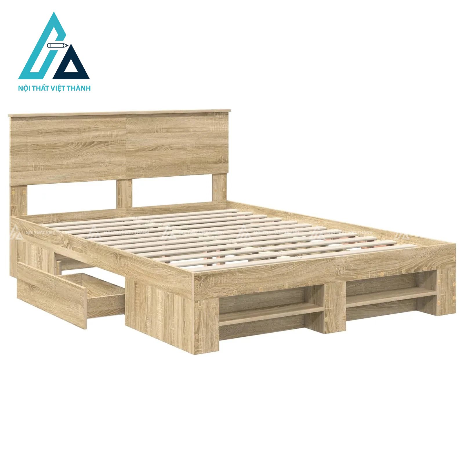 Giường ngủ MDF màu sồi có ngăn kéo lưu trữ tiện ích hiện đại 4