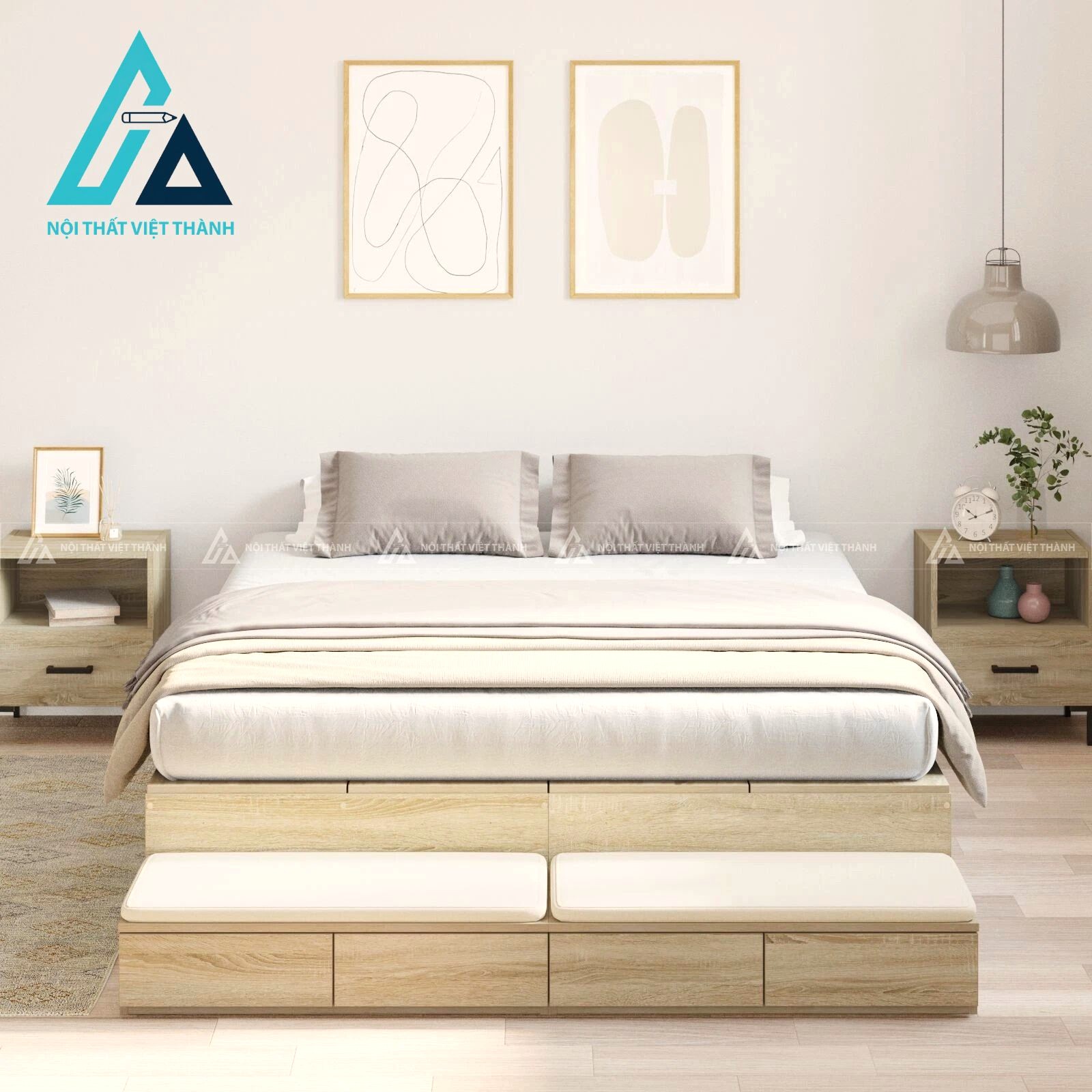 Giường ngủ MDF màu sồi có ngăn kéo và hộc chứa đồ tiện lợi