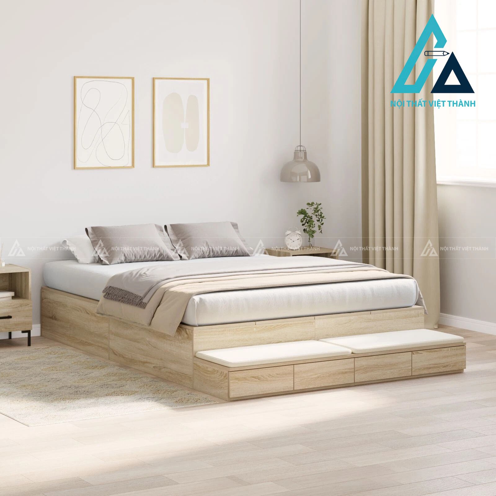 Giường ngủ MDF màu sồi có ngăn kéo và hộc chứa đồ tiện lợi 1