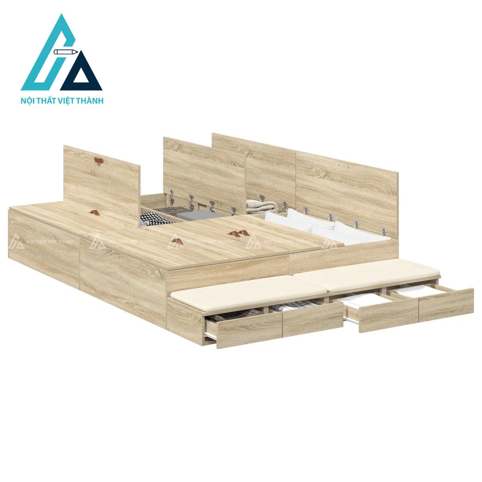 Giường ngủ MDF màu sồi có ngăn kéo và hộc chứa đồ tiện lợi 2