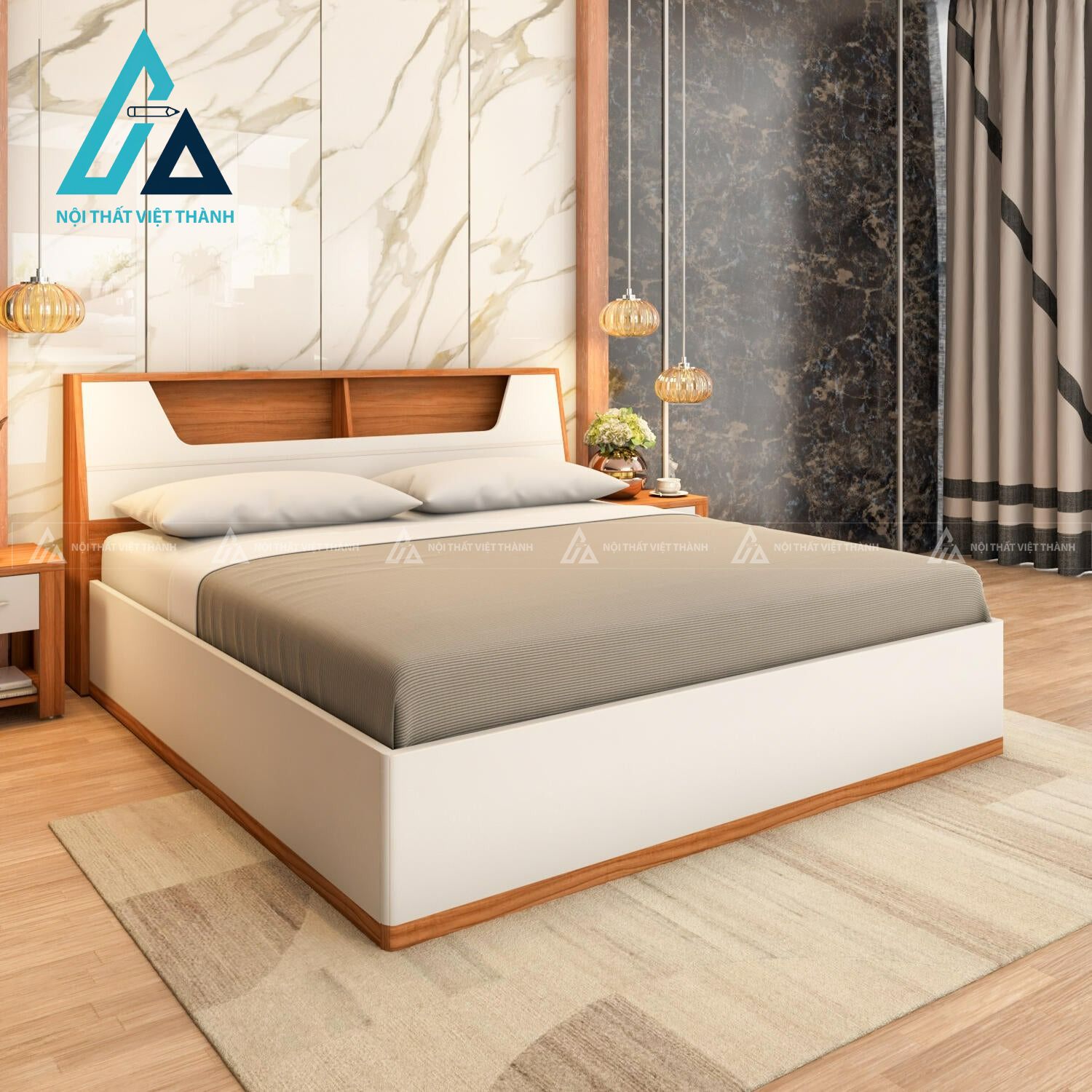 Giường ngủ MDF màu teak có khoang chứa đồ thiết kế nâng hiện đại
