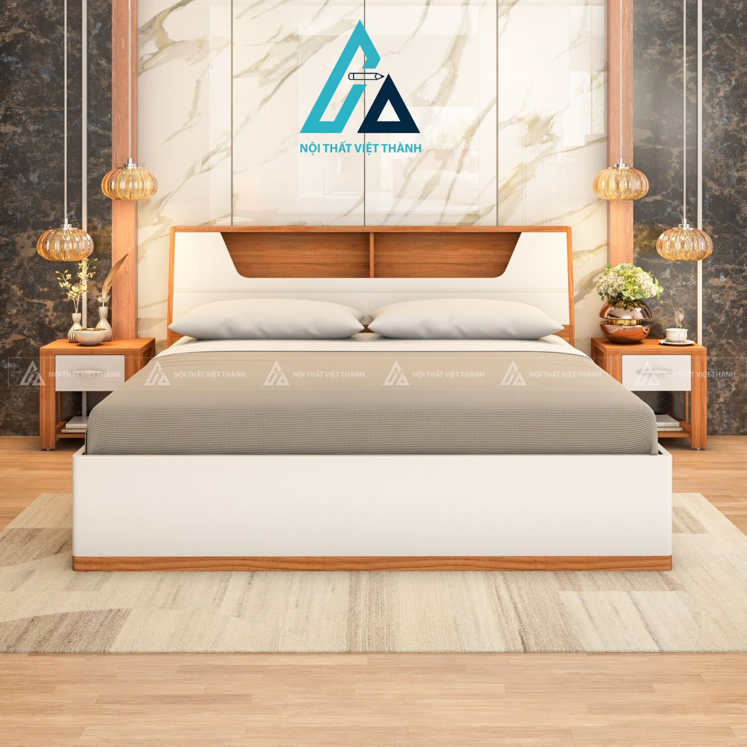 Giường ngủ MDF màu teak có khoang chứa đồ thiết kế nâng hiện đại 2