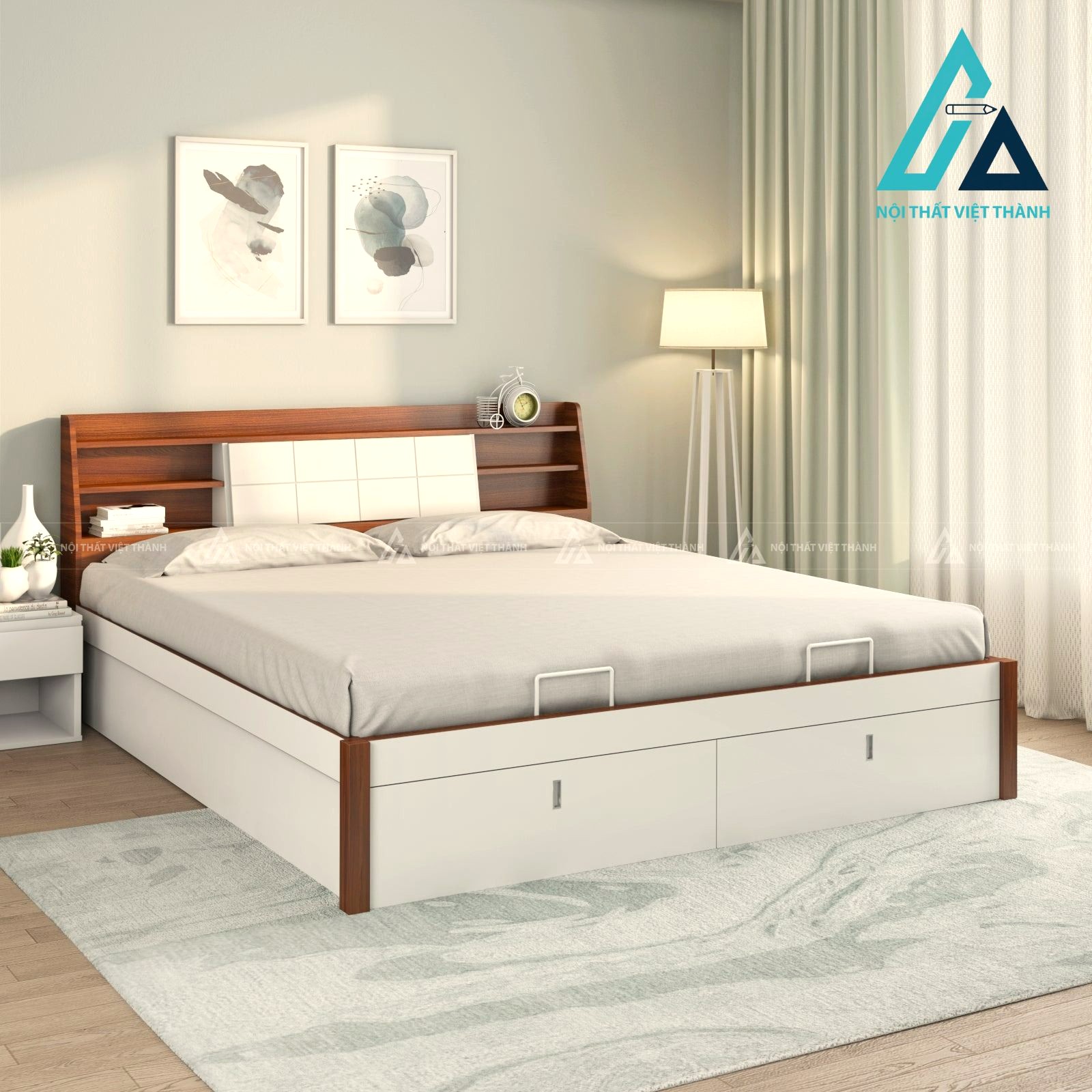 Giường ngủ MDF màu trắng phối vân gỗ có hộc kéo và khoang chứa tiện ích
