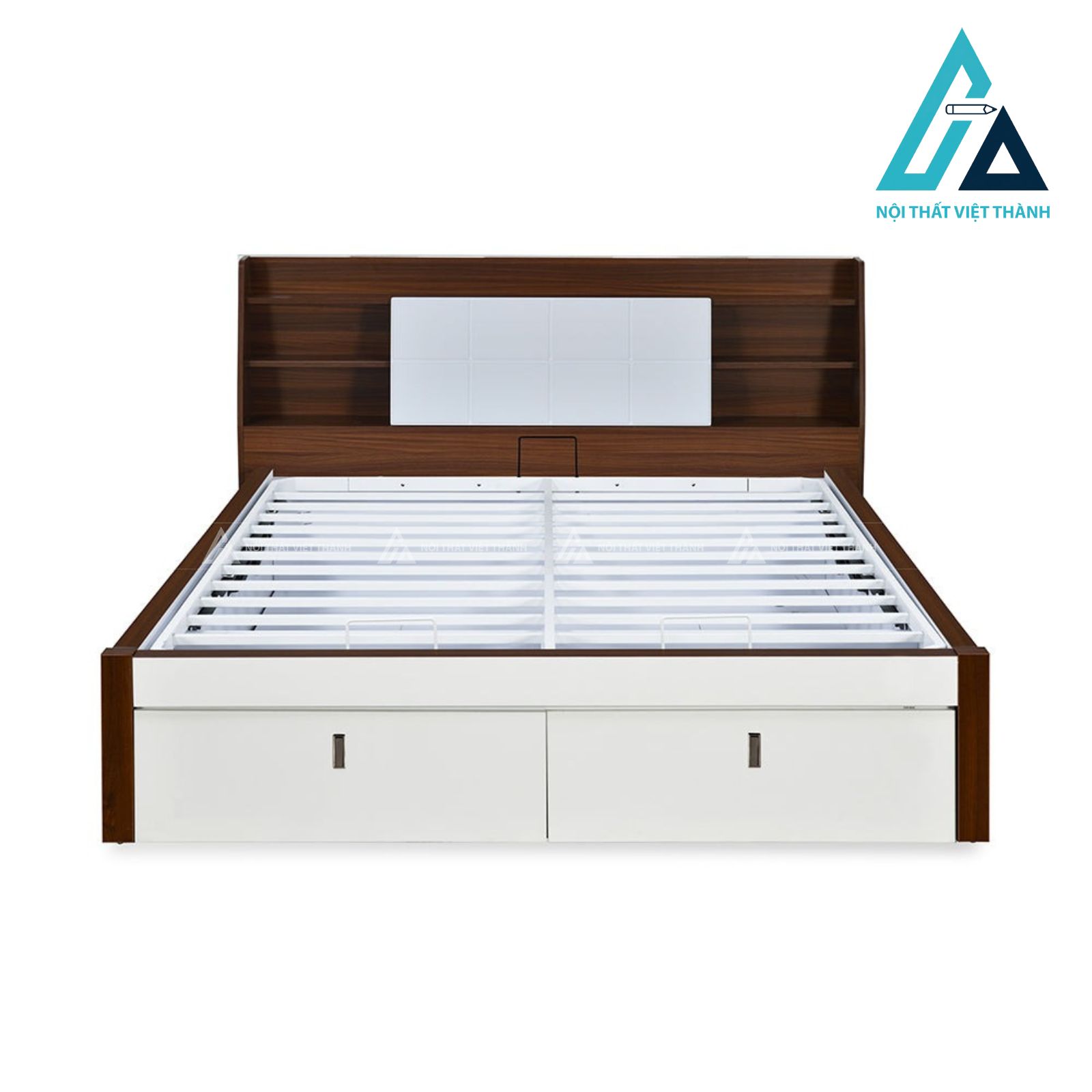 Giường ngủ MDF màu trắng phối vân gỗ có hộc kéo và khoang chứa tiện ích 2