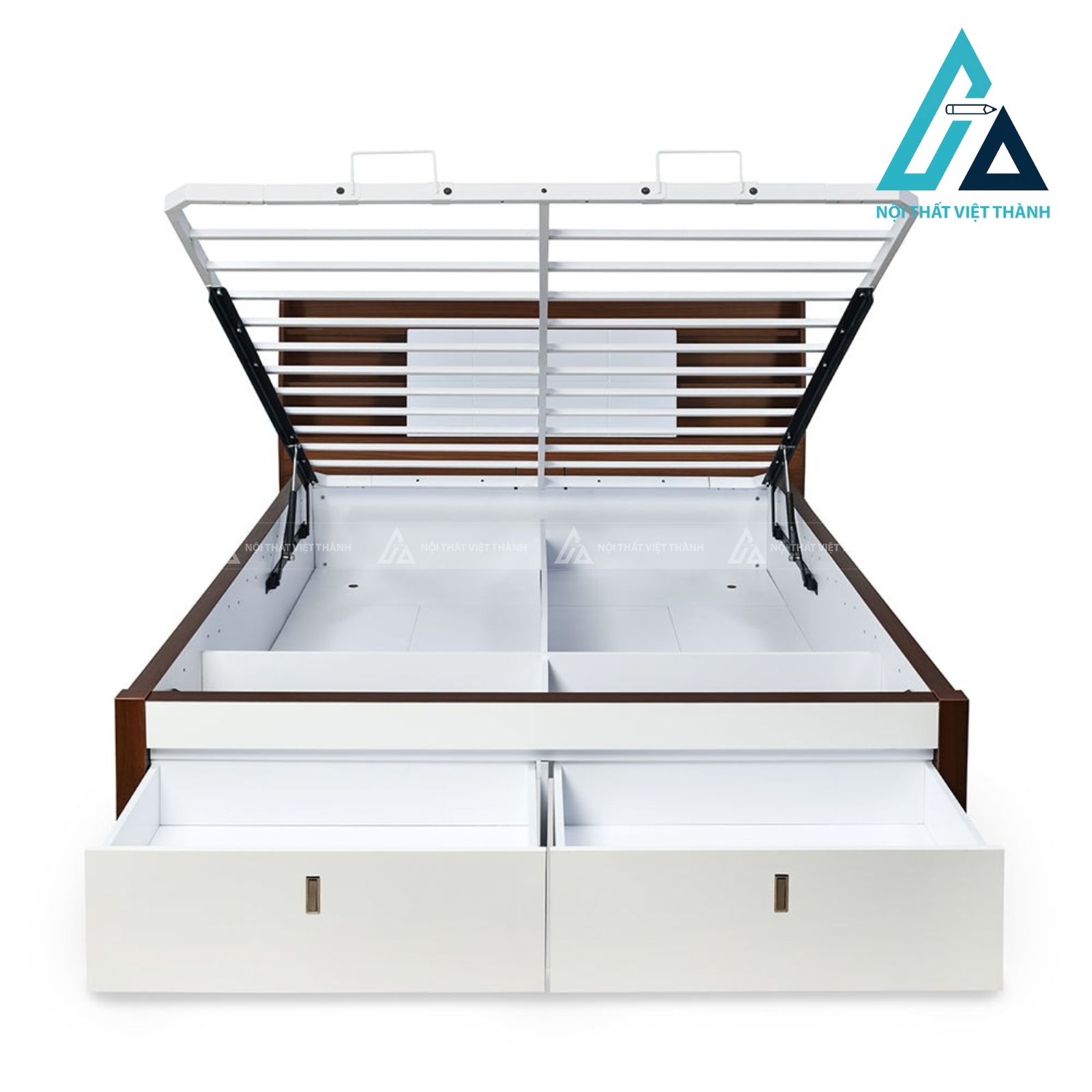 Giường ngủ MDF màu trắng phối vân gỗ có hộc kéo và khoang chứa tiện ích 3