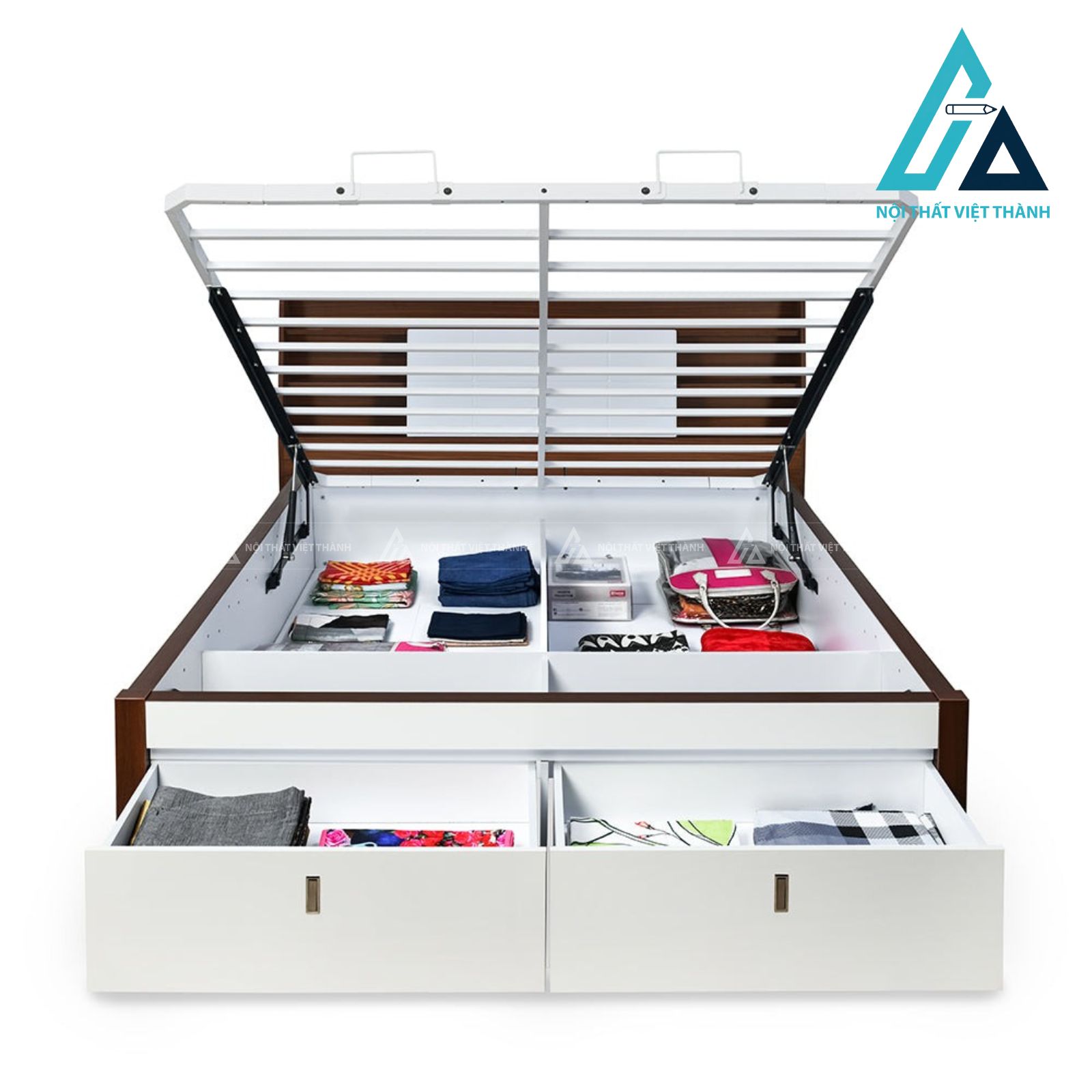 Giường ngủ MDF màu trắng phối vân gỗ có hộc kéo và khoang chứa tiện ích 4