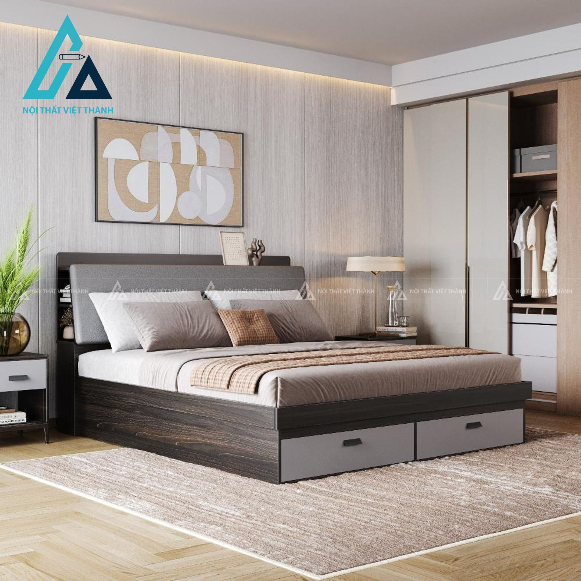 Giường ngủ MDF có ngăn kéo và đầu giường bọc nệm tiện nghi hiện đại