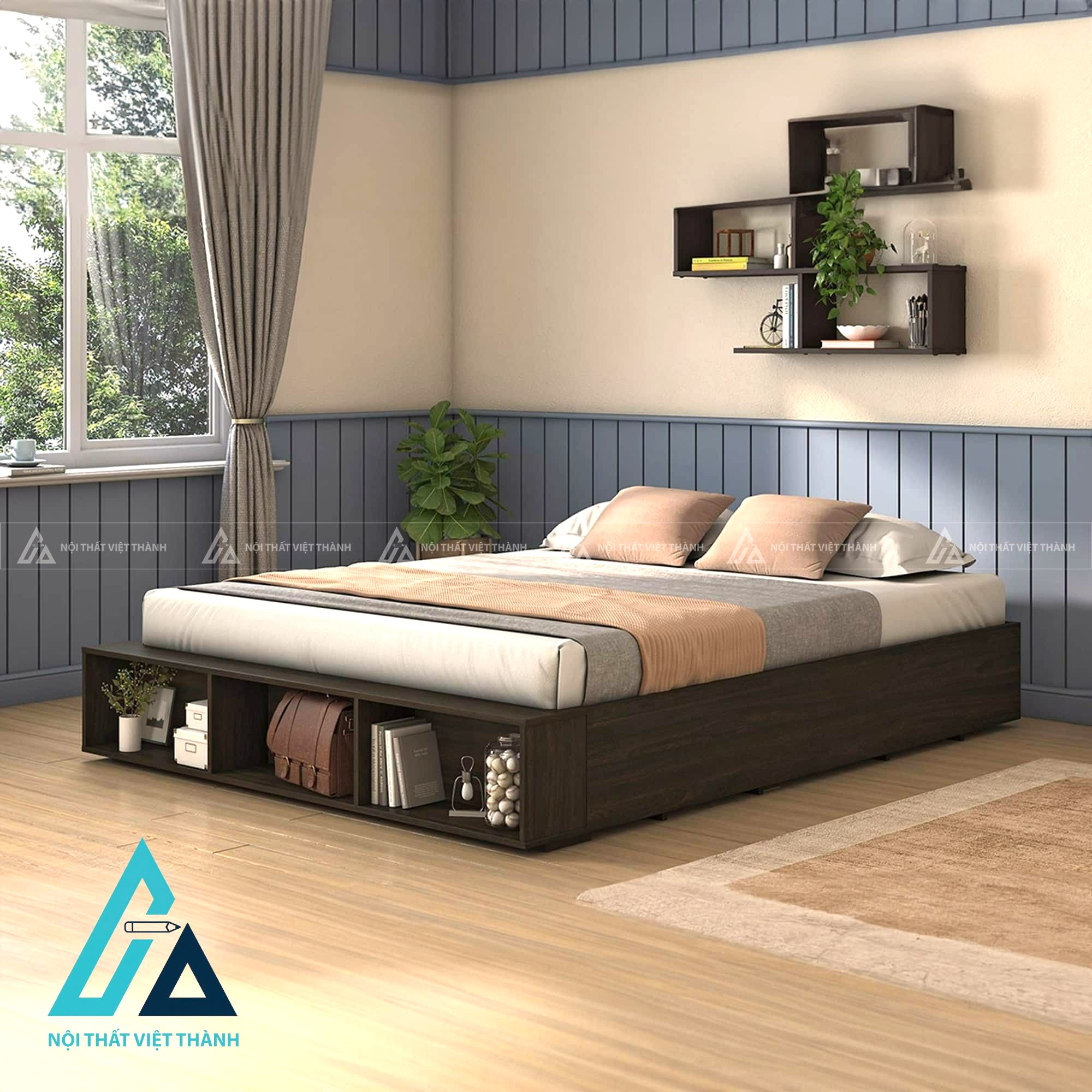 Giường ngủ MDF tích hợp khoang chứa đồ tiện ích phong cách hiện đại
