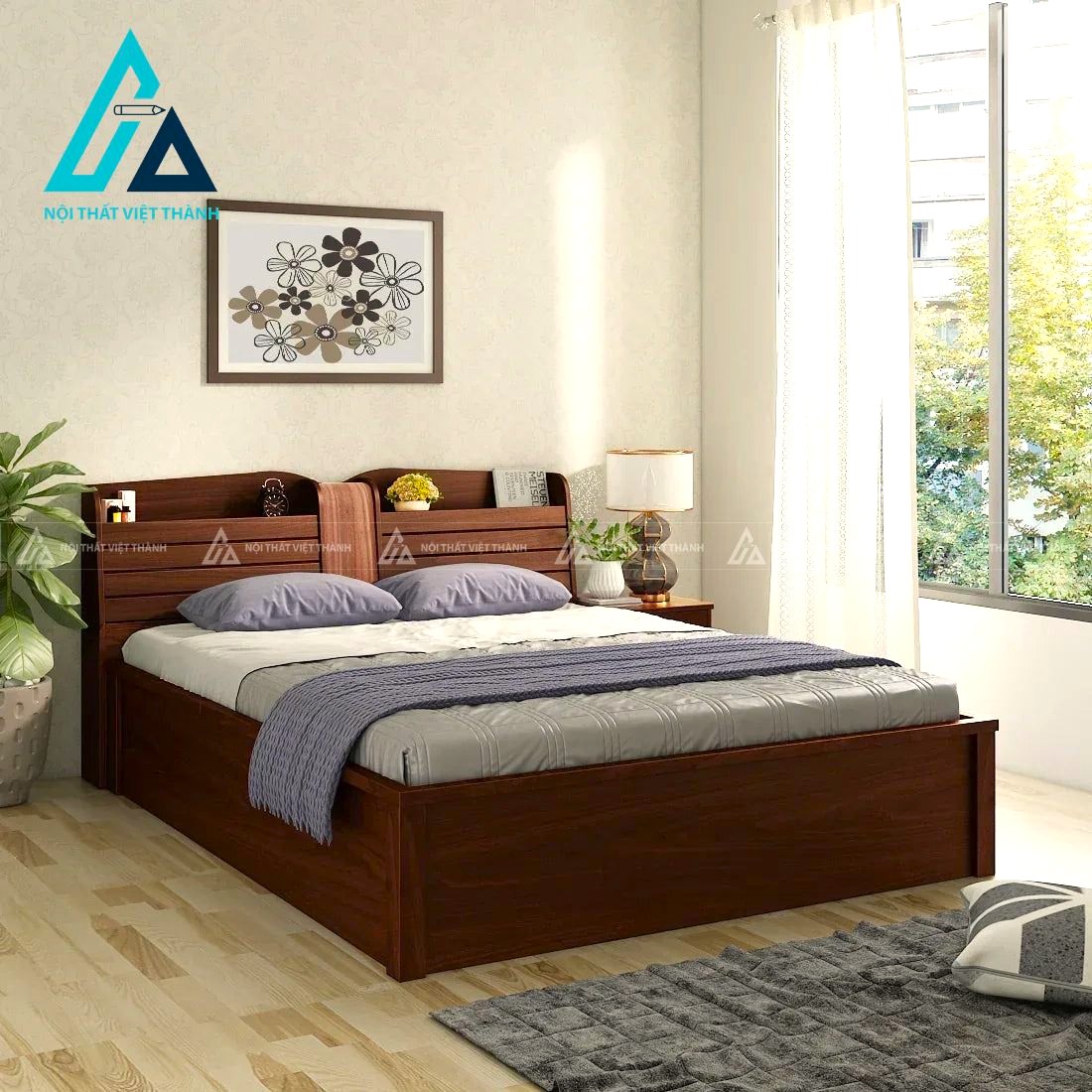 Giường ngủ MDF vân gỗ hiện đại có hộc chứa và kệ đầu giường đa năng