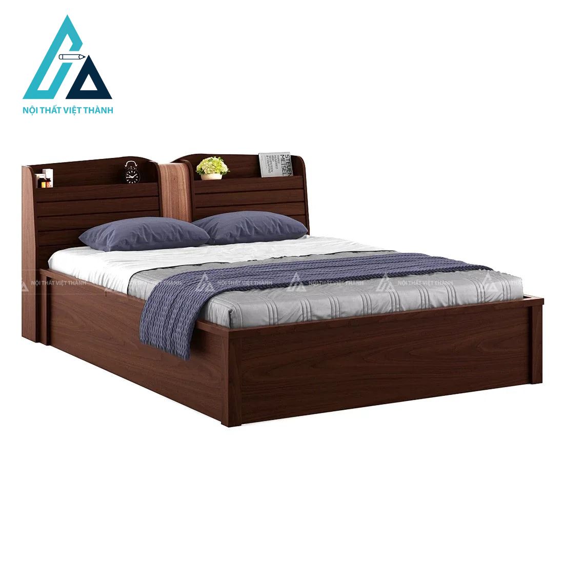 Giường ngủ MDF vân gỗ hiện đại có hộc chứa và kệ đầu giường đa năng 1