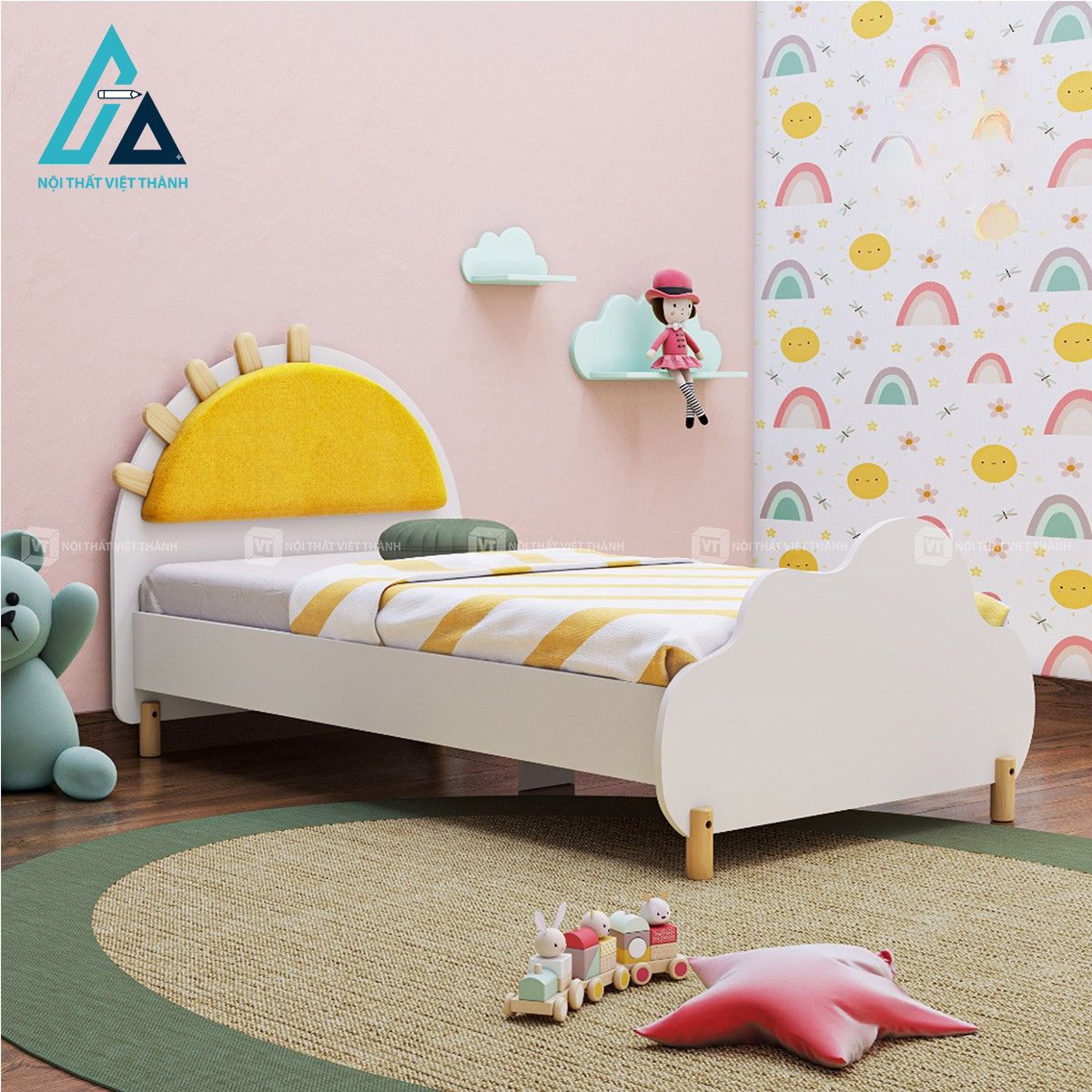 Giường ngủ trẻ em gỗ công nghiệp thiết kế hình mặt trời sáng tạo