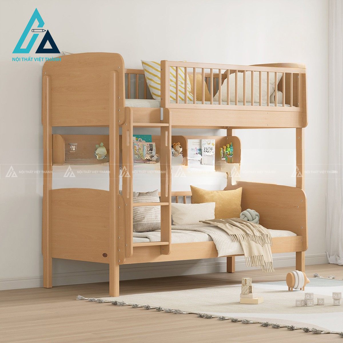 Giường tầng gỗ cho trẻ em thiết kế bo góc an toàn phong cách hiện đại 1