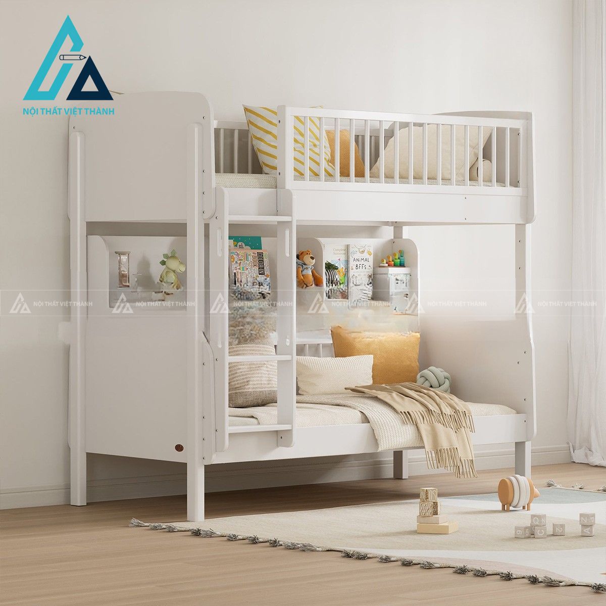 Giường tầng gỗ cho trẻ em thiết kế bo góc an toàn phong cách hiện đại 2