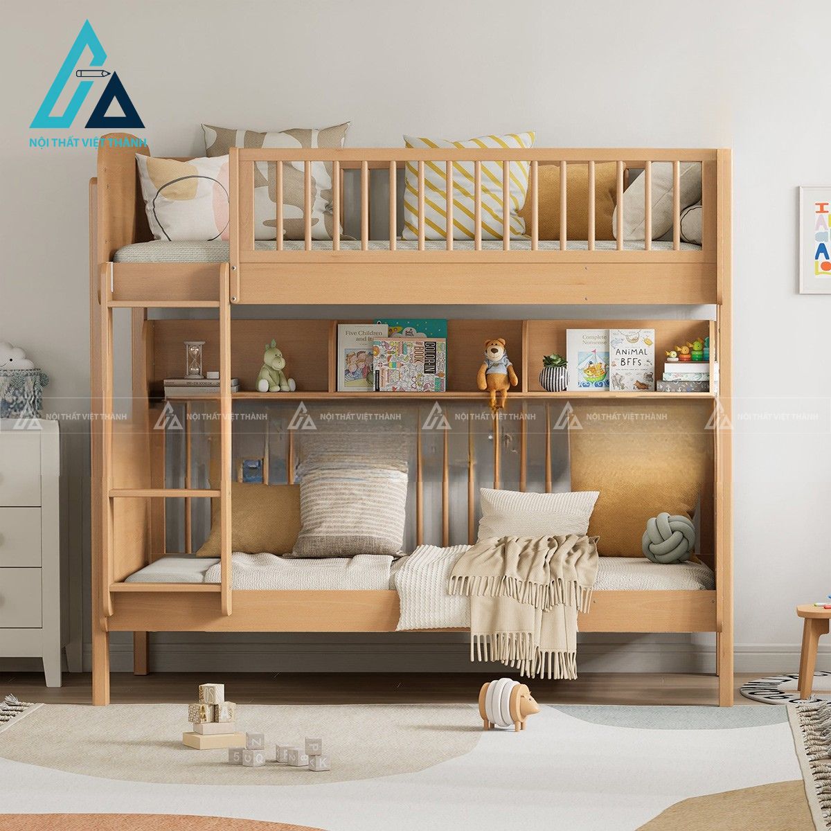 Giường tầng gỗ cho trẻ em thiết kế bo góc an toàn phong cách hiện đại 3