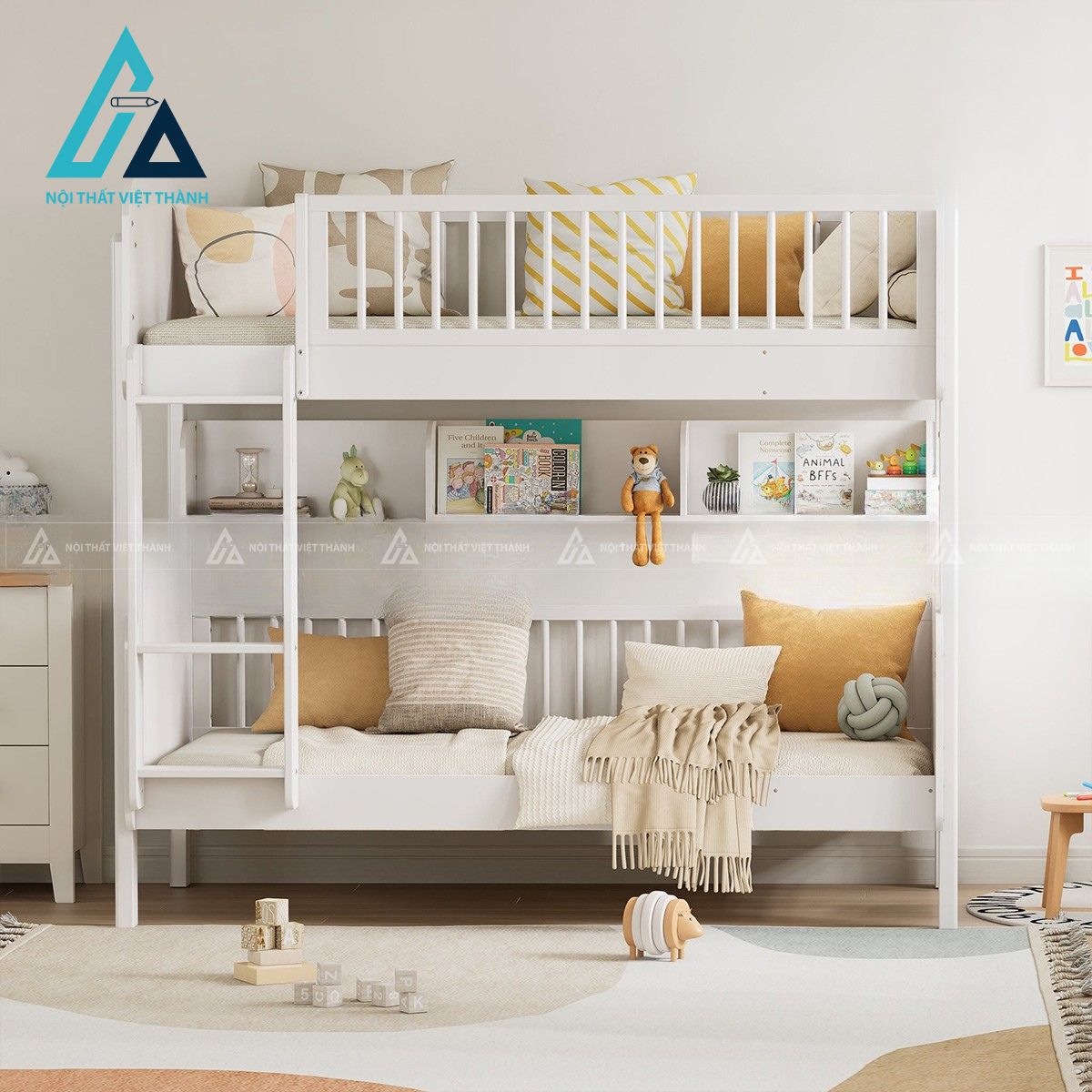 Giường tầng gỗ cho trẻ em thiết kế bo góc an toàn phong cách hiện đại 4