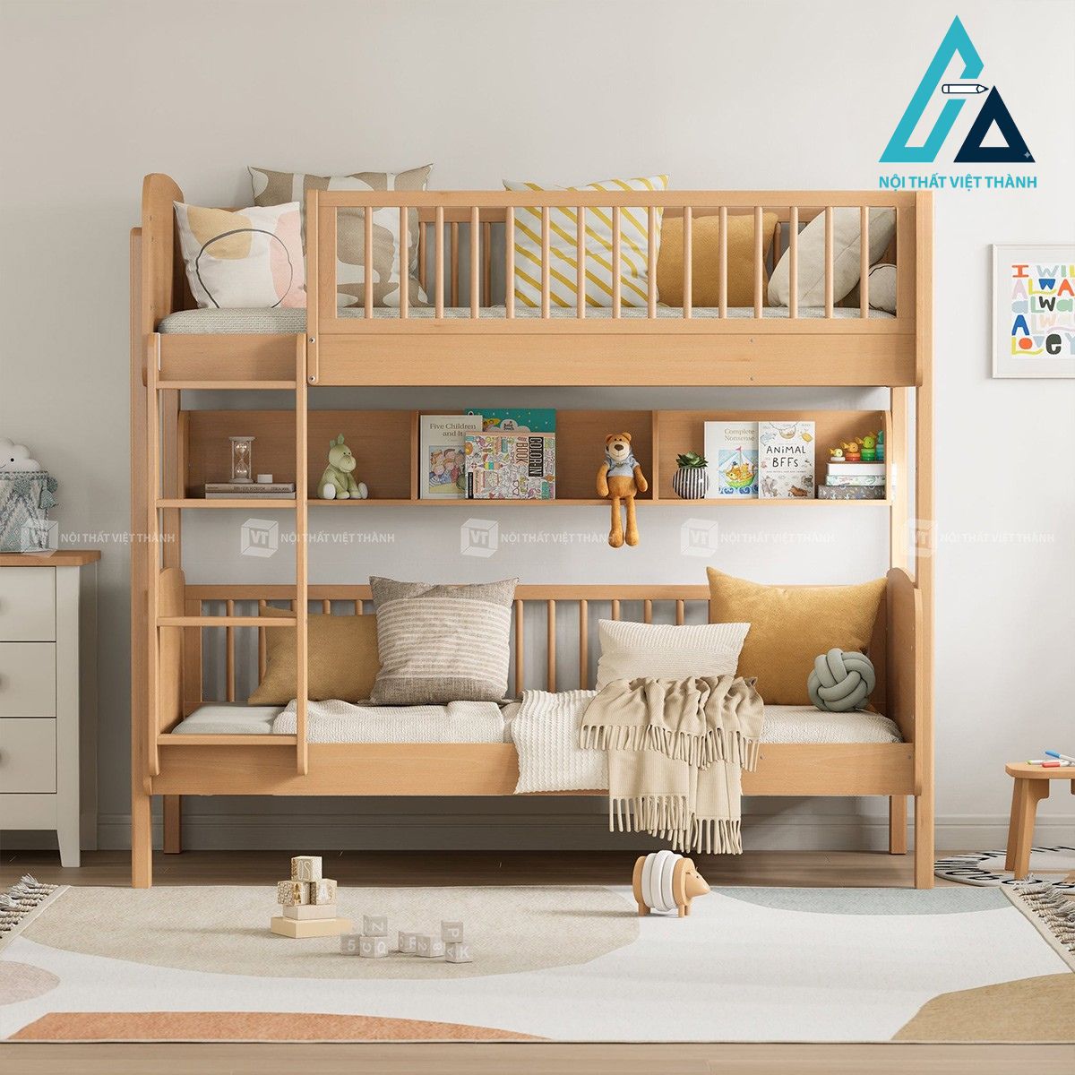 Giường tầng gỗ cho trẻ em thiết kế bo góc an toàn phong cách hiện đại