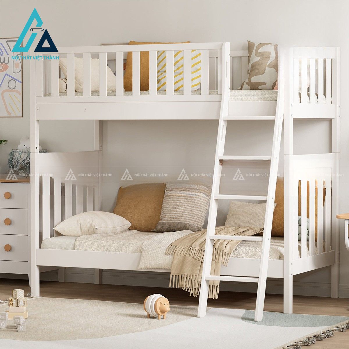 Giường tầng gỗ tự nhiên cho trẻ em thiết kế tối giản hiện đại 1