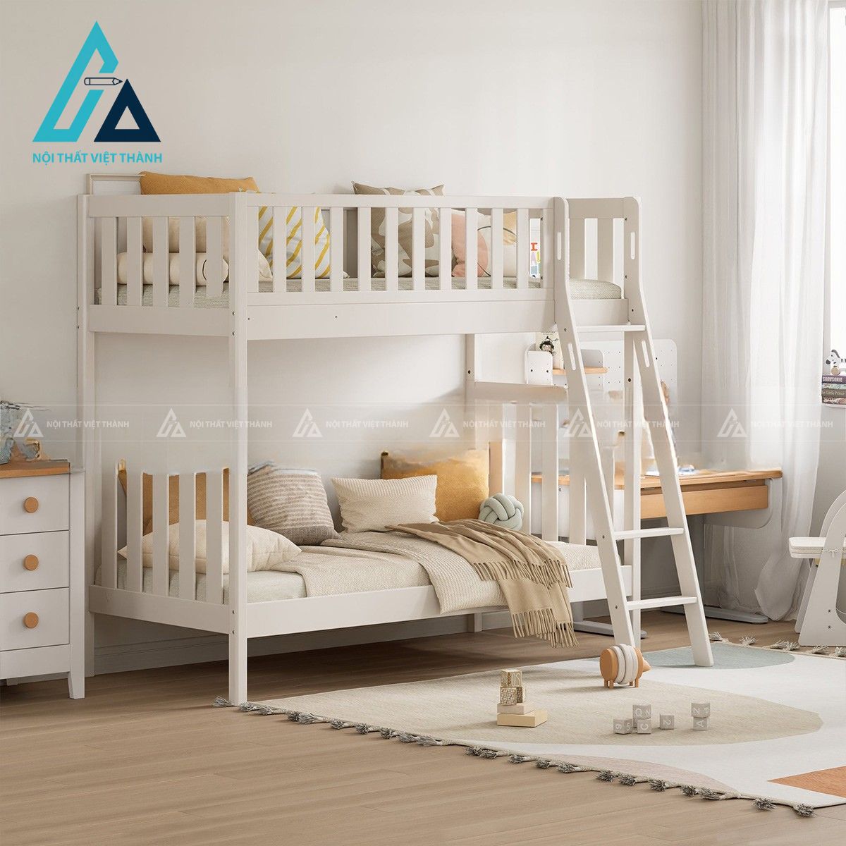 Giường tầng gỗ tự nhiên cho trẻ em thiết kế tối giản hiện đại 2