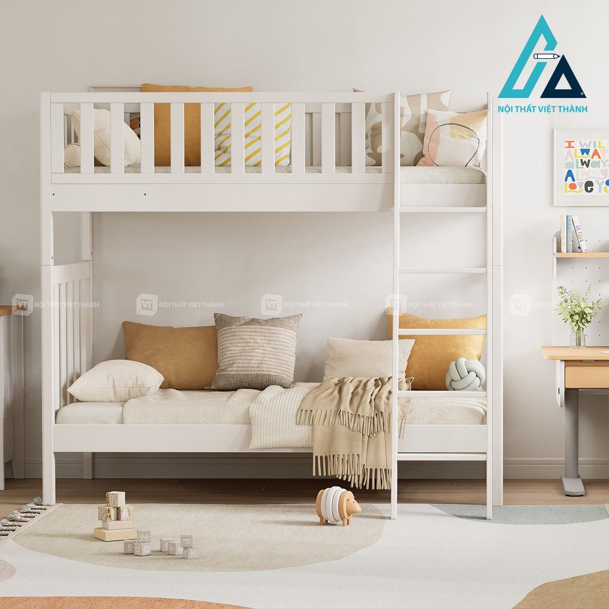 Giường tầng gỗ tự nhiên cho trẻ em thiết kế tối giản hiện đại