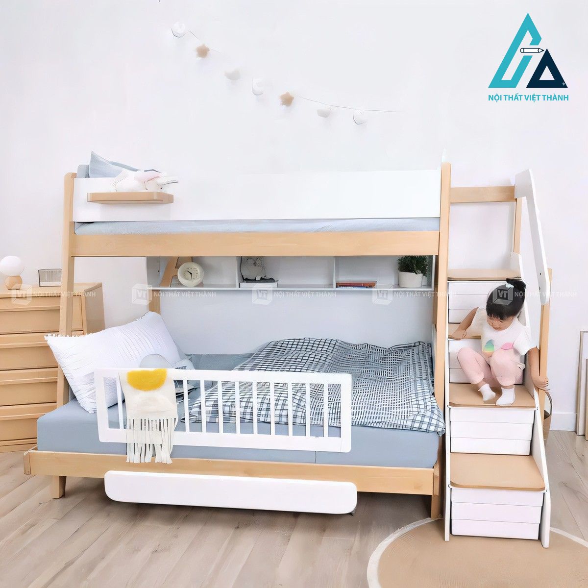 Giường tầng trẻ em kết hợp cầu thang lưu trữ và kệ sách đa năng