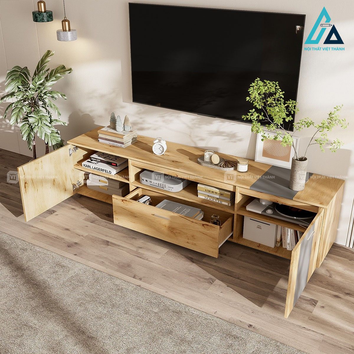 Kệ tivi gỗ công nghiệp 2 tủ 1 ngăn kéo phong cách hiện đại cho tivi 1