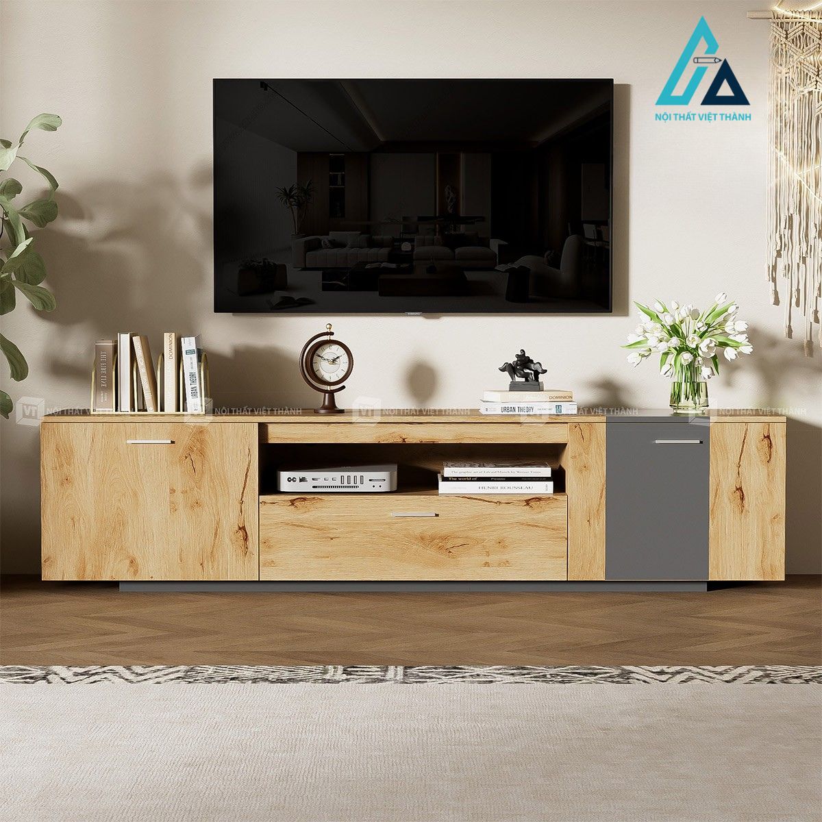 Kệ tivi gỗ công nghiệp 2 tủ 1 ngăn kéo phong cách hiện đại cho tivi 3