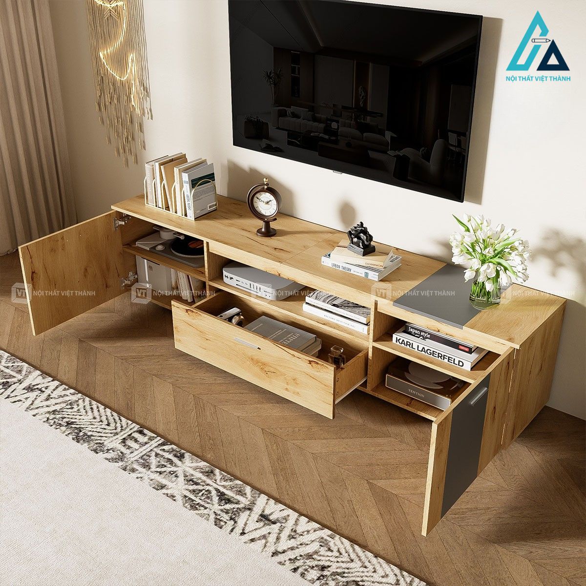 Kệ tivi gỗ công nghiệp 2 tủ 1 ngăn kéo phong cách hiện đại cho tivi 4