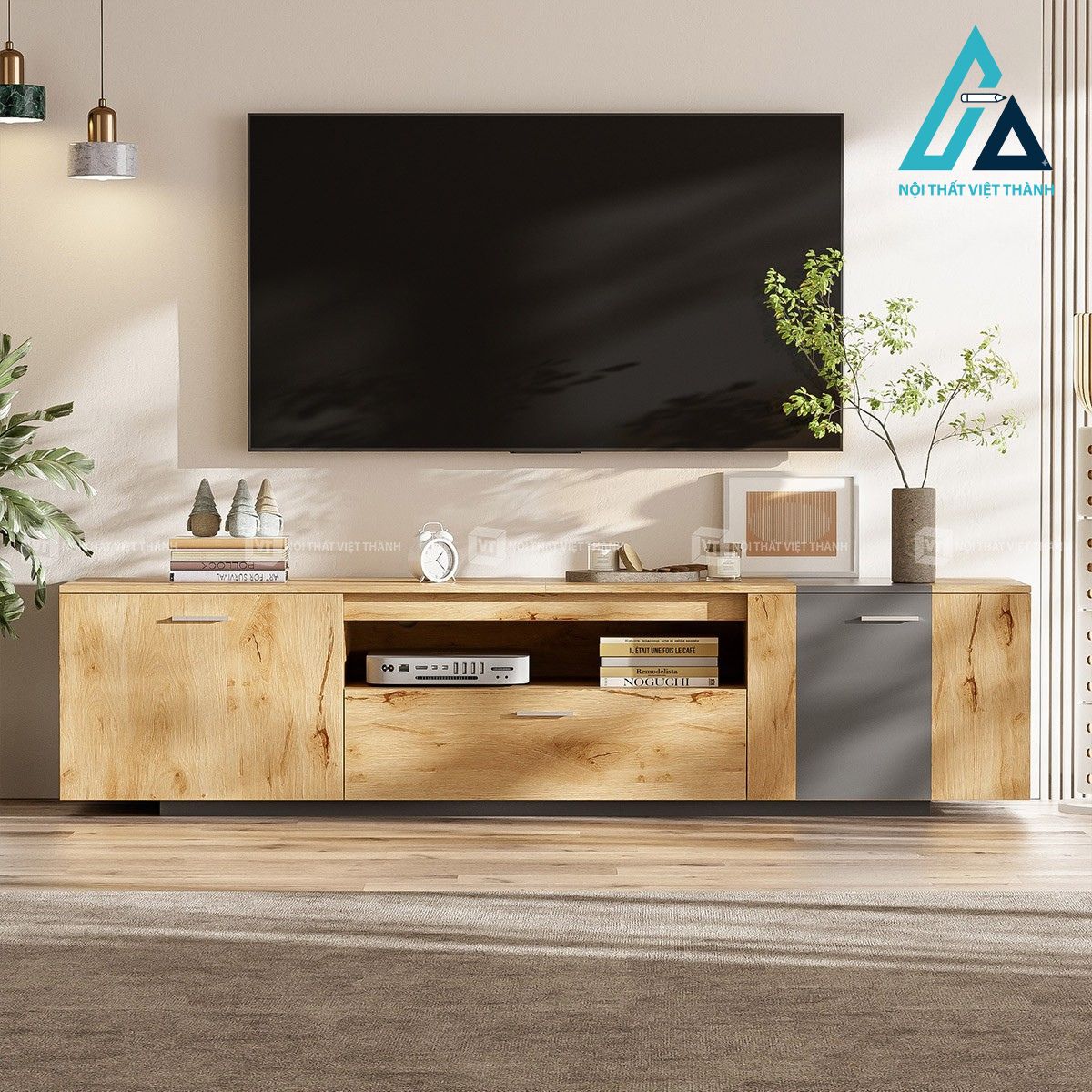 Kệ tivi gỗ công nghiệp 2 tủ 1 ngăn kéo phong cách hiện đại cho tivi