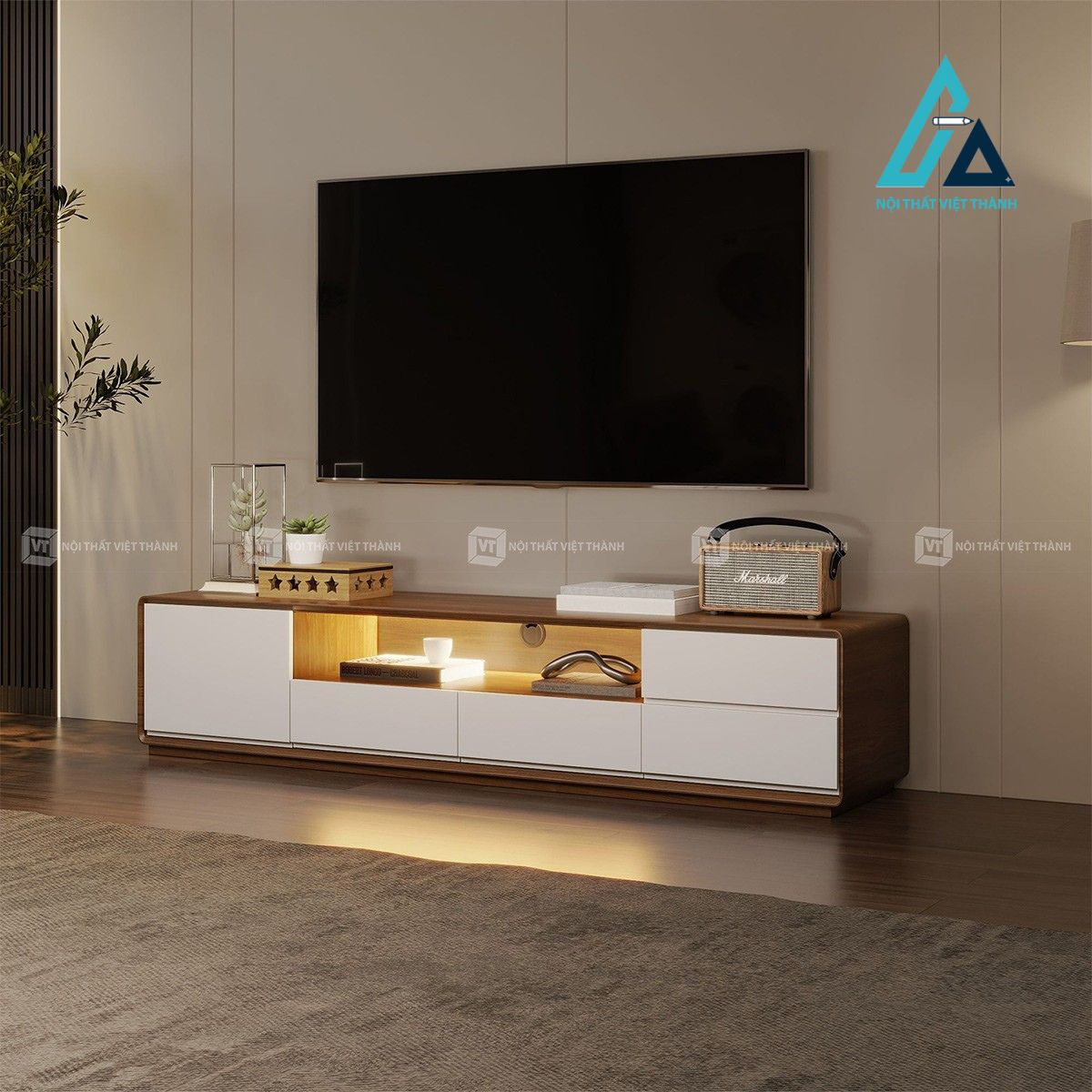 Kệ tivi gỗ MDF 4 ngăn kéo kết hợp tủ lưu trữ phong cách hiện đại