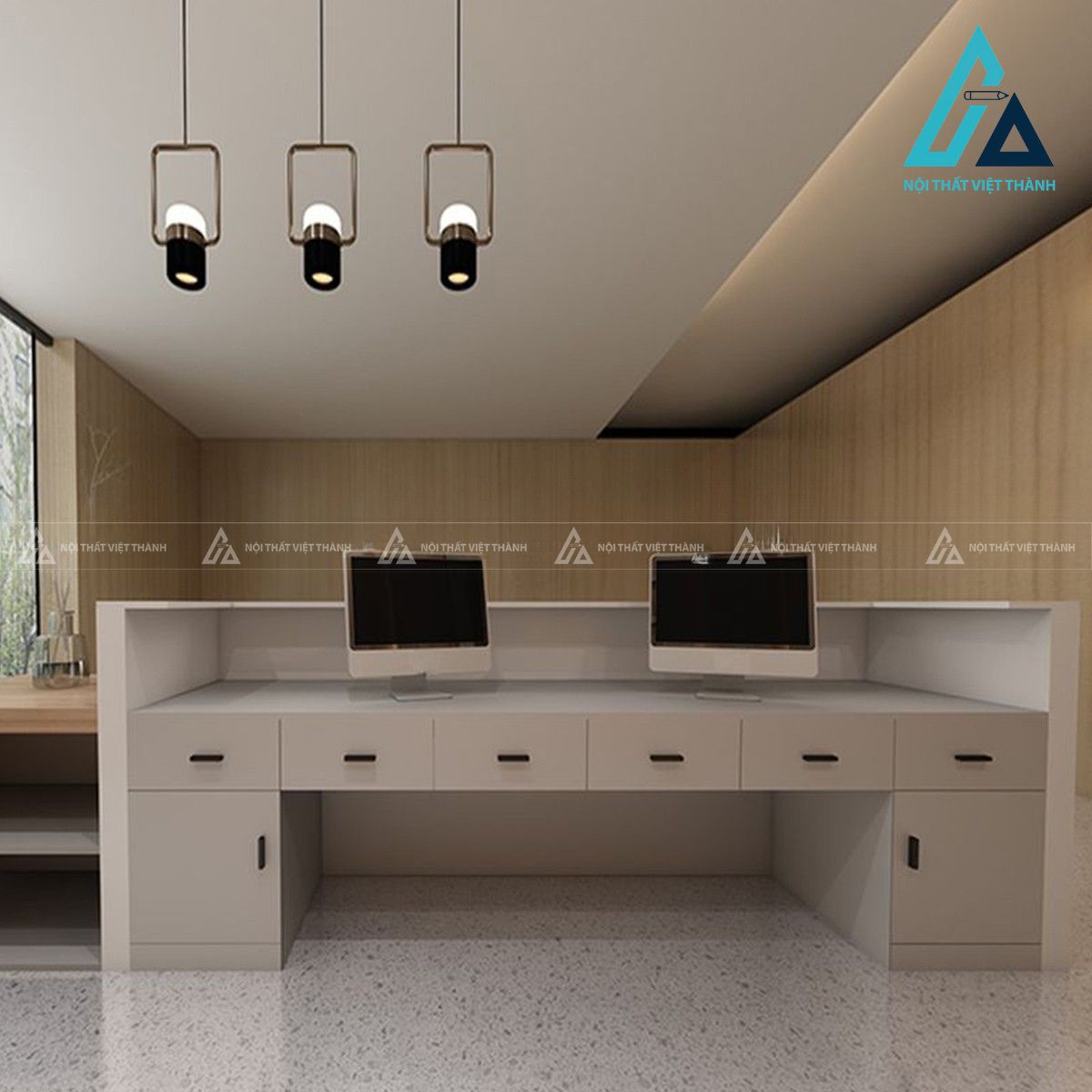 Quầy lễ tân chữ nhật vân đá trắng kèm hộc kéo và kệ trưng bày 1