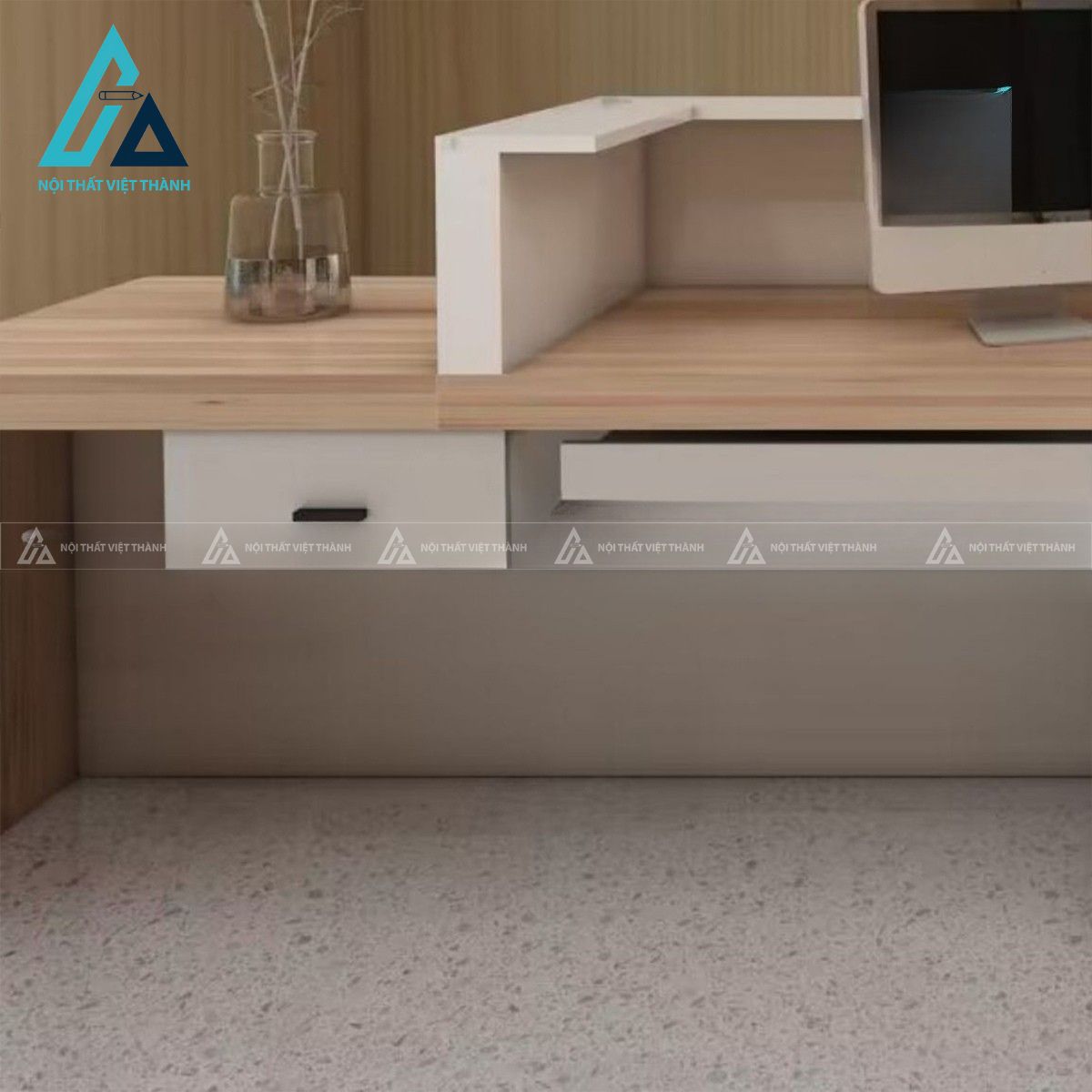 Quầy lễ tân chữ nhật vân đá trắng kèm hộc kéo và kệ trưng bày 2