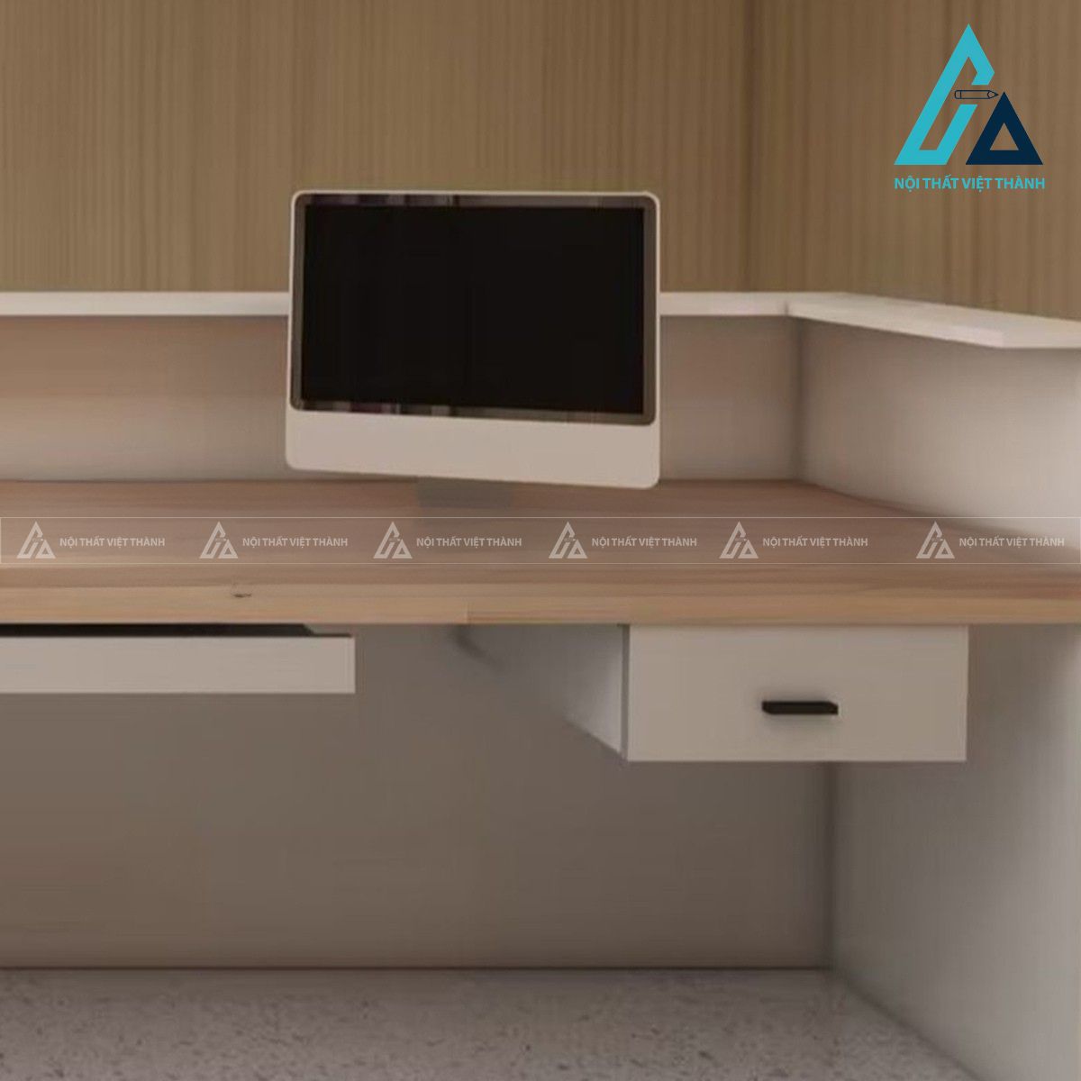 Quầy lễ tân chữ nhật vân đá trắng kèm hộc kéo và kệ trưng bày 3