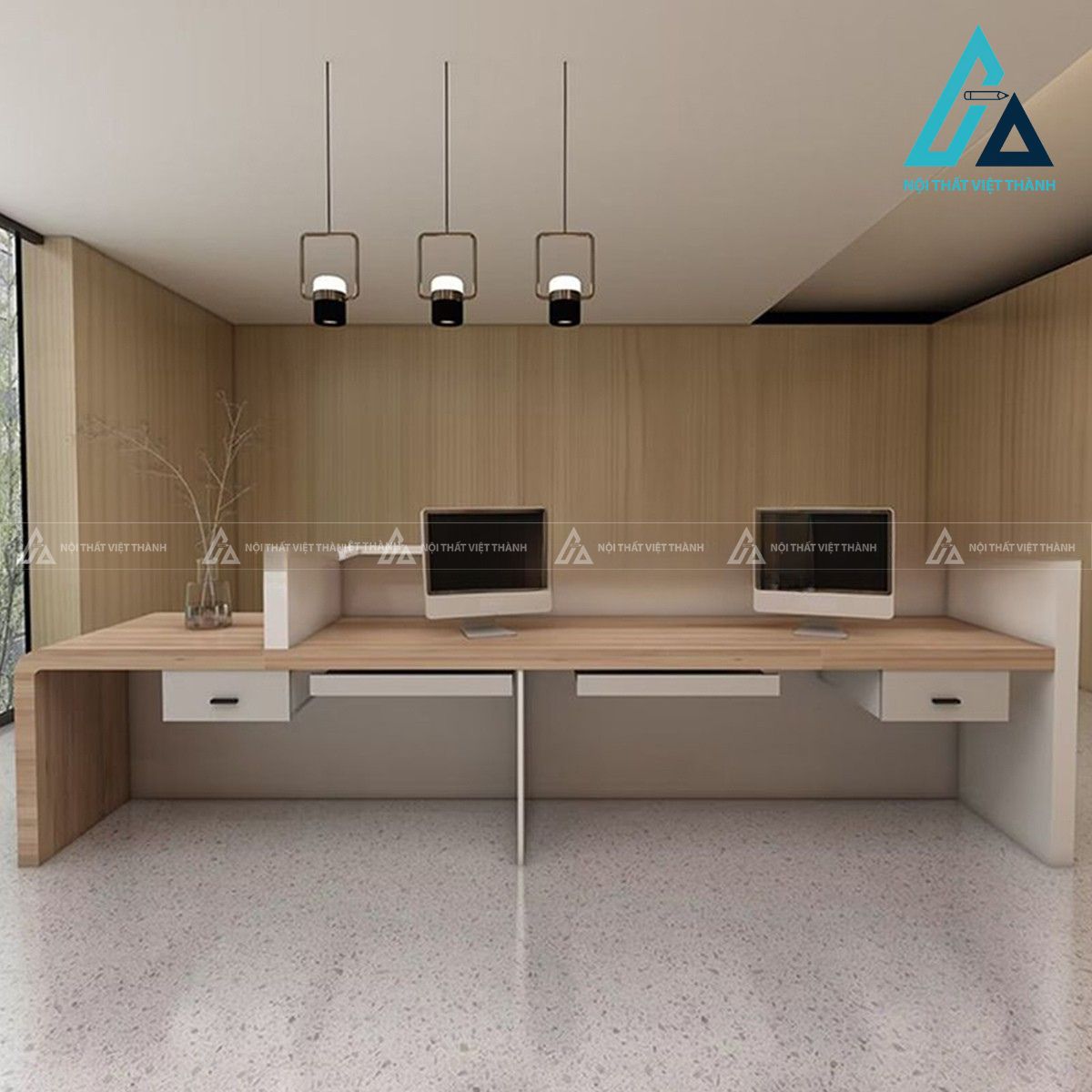 Quầy lễ tân chữ nhật vân đá trắng kèm hộc kéo và kệ trưng bày 4