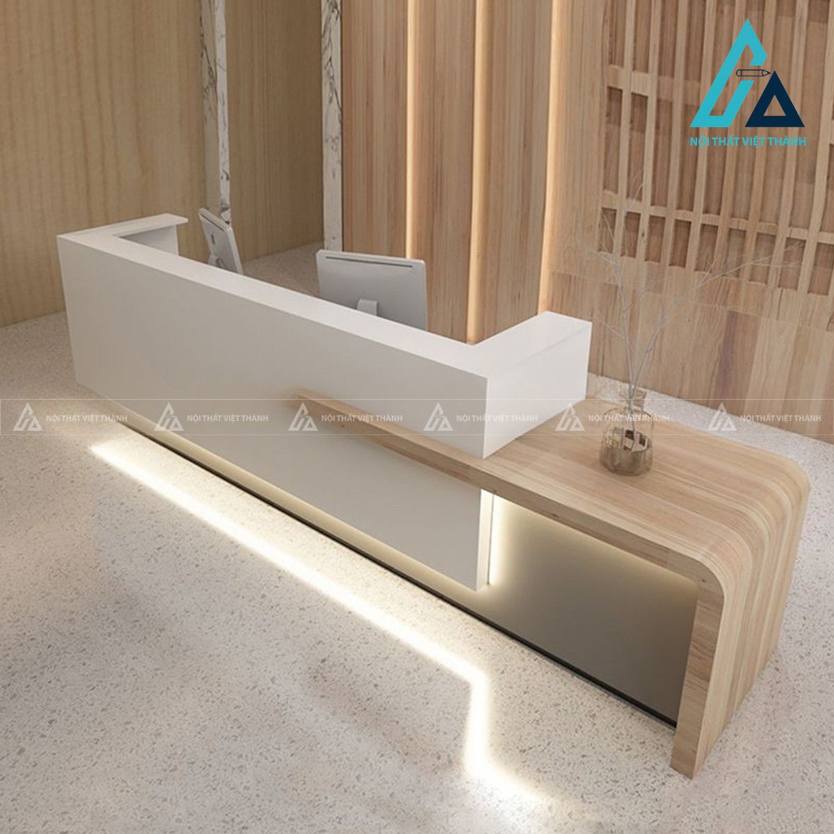 Quầy lễ tân chữ nhật vân đá trắng kèm hộc kéo và kệ trưng bày 5