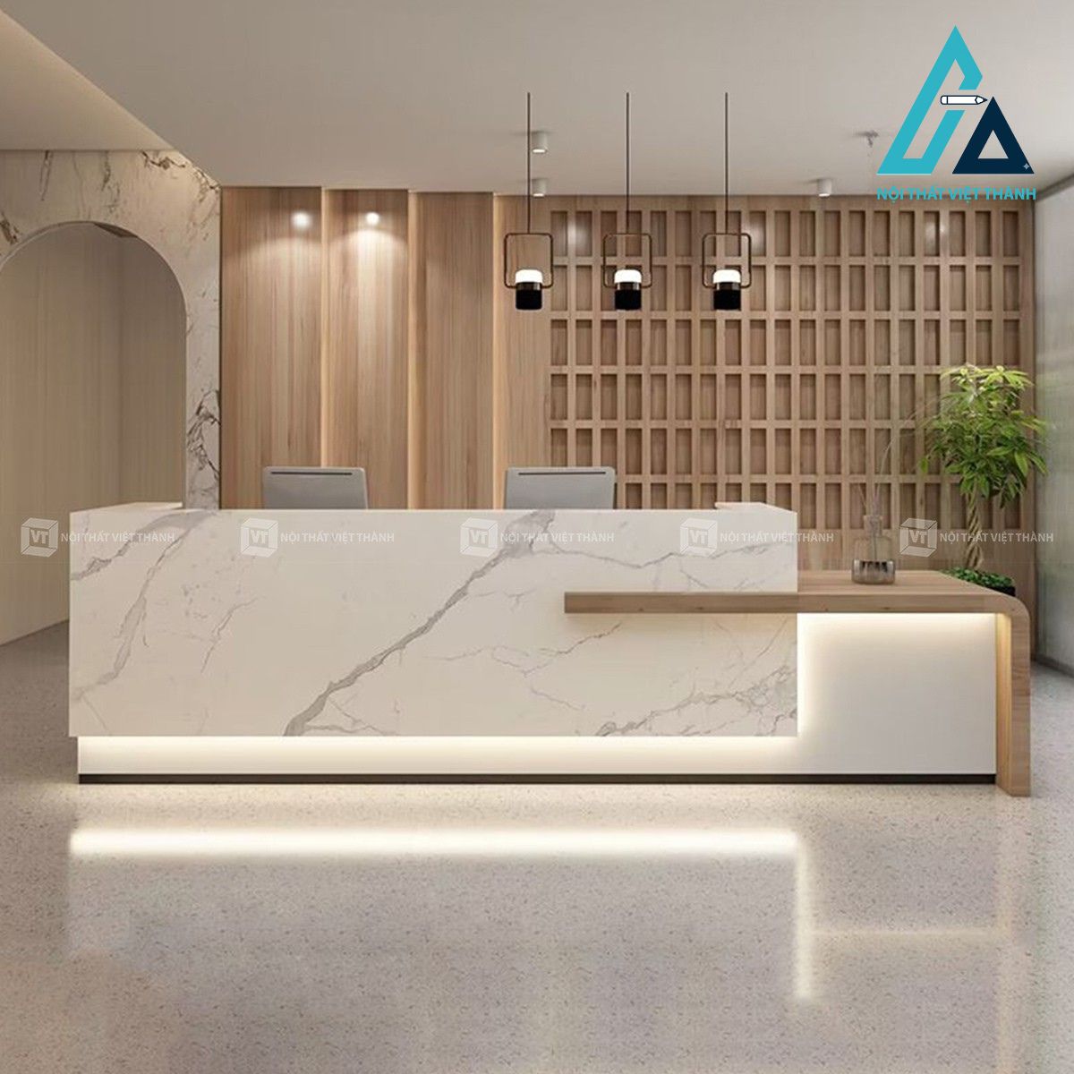 Quầy lễ tân chữ nhật vân đá trắng kèm hộc kéo và kệ trưng bày