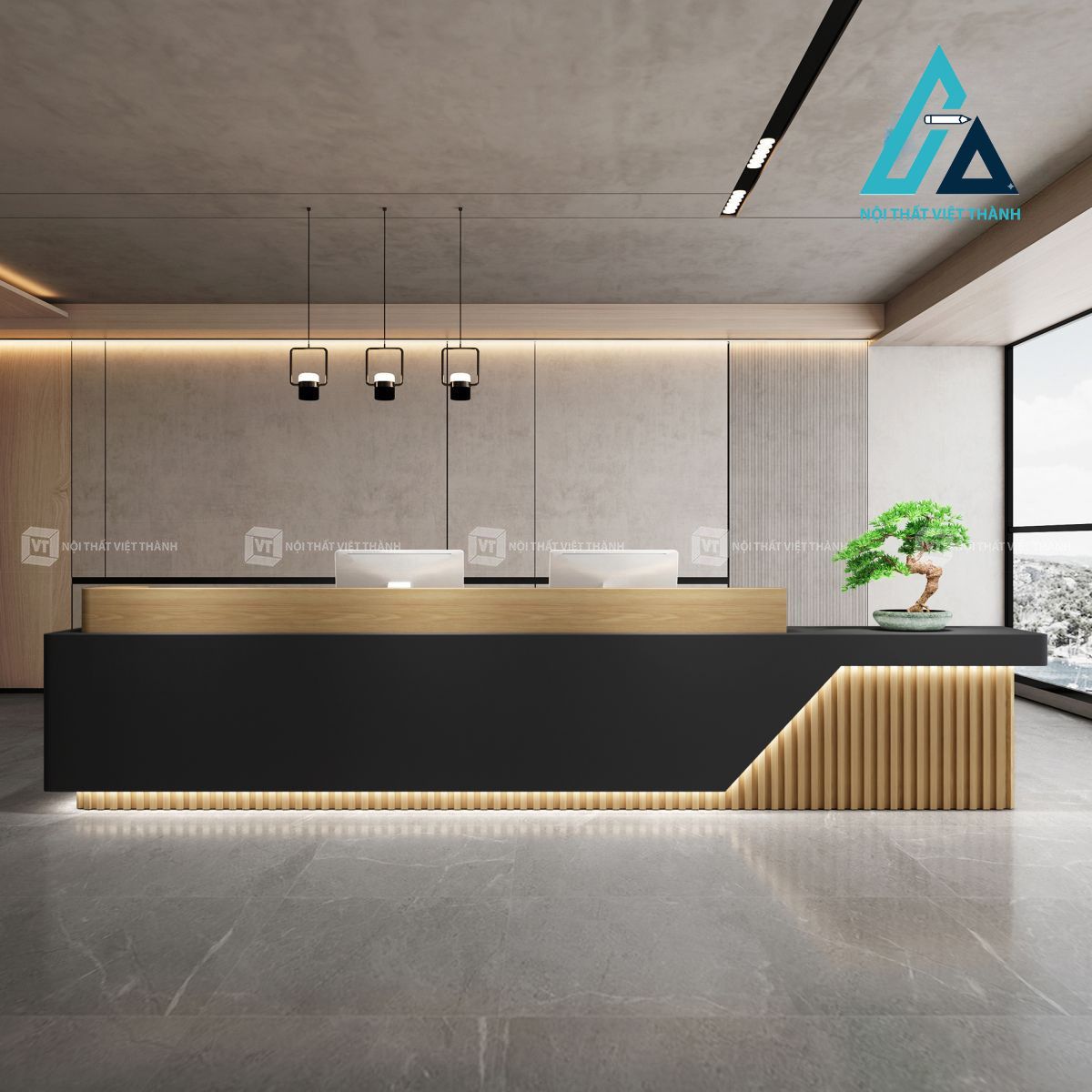 Quầy lễ tân gỗ đen hiện đại kèm tủ hồ sơ